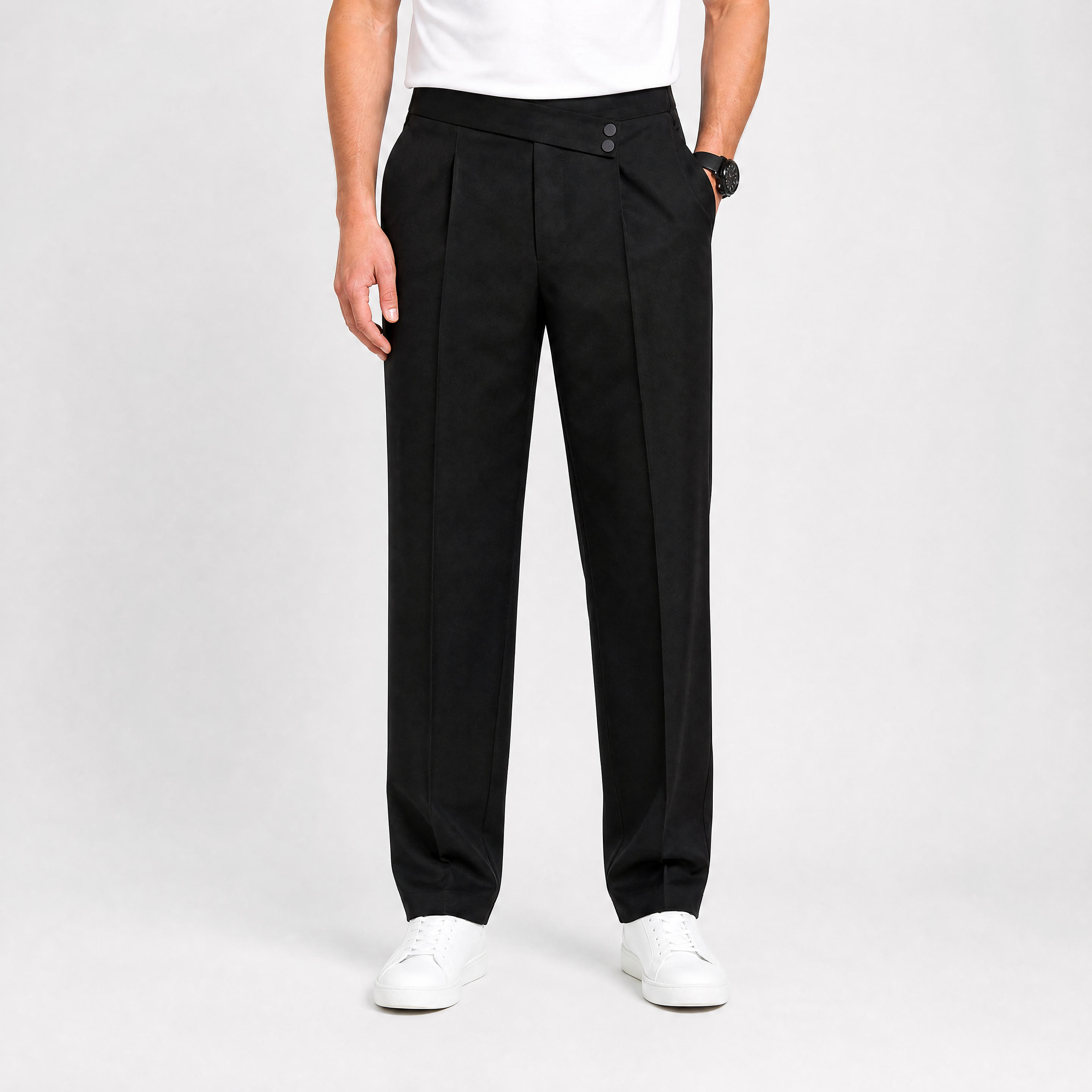 Herren Bundfaltenhose Schwarz Glatt - Lockere Passform Eleganter Look - Rosesamour