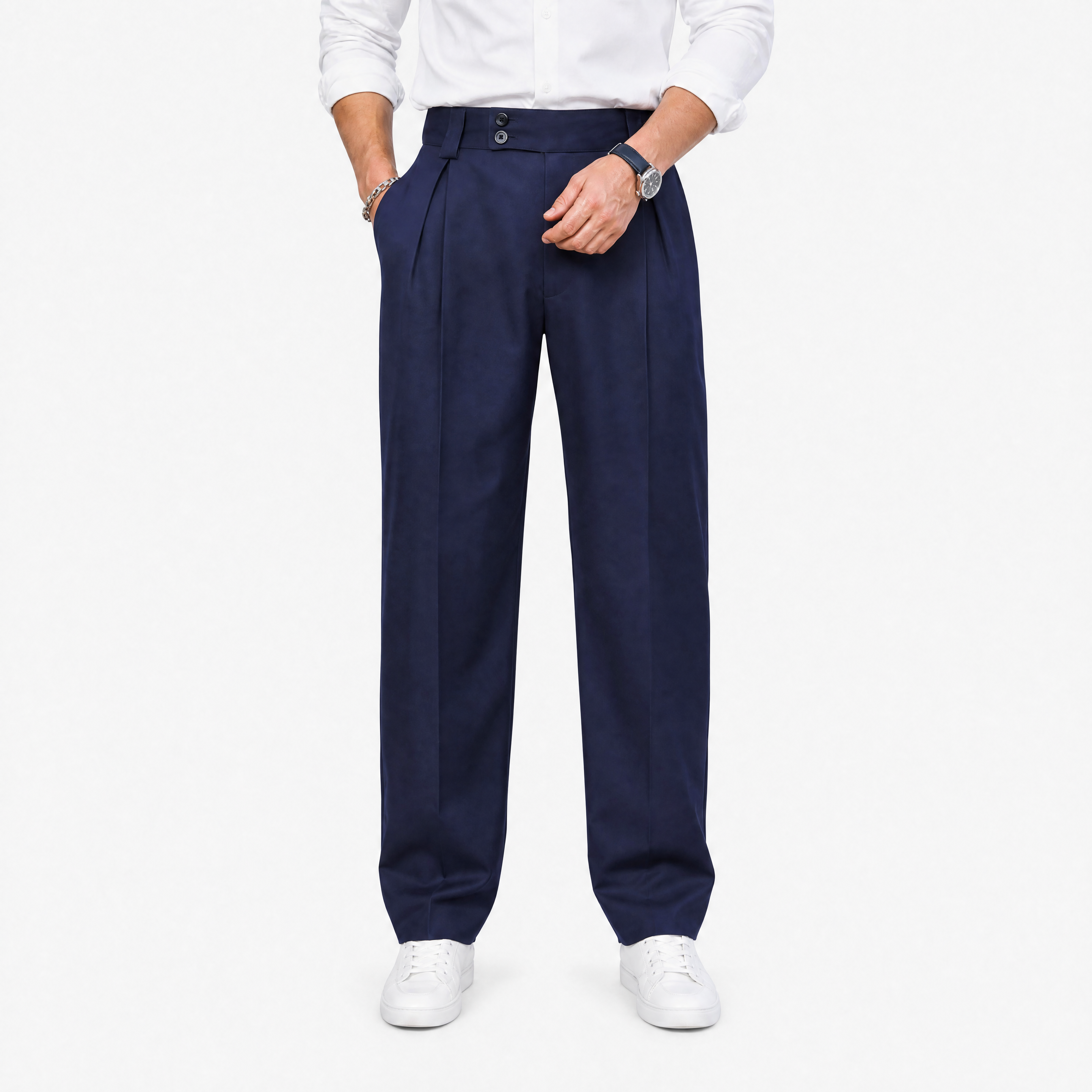 Herren Elegante Bundfaltenhose Marineblau - Lockere Passform Business Look - Rosesamour