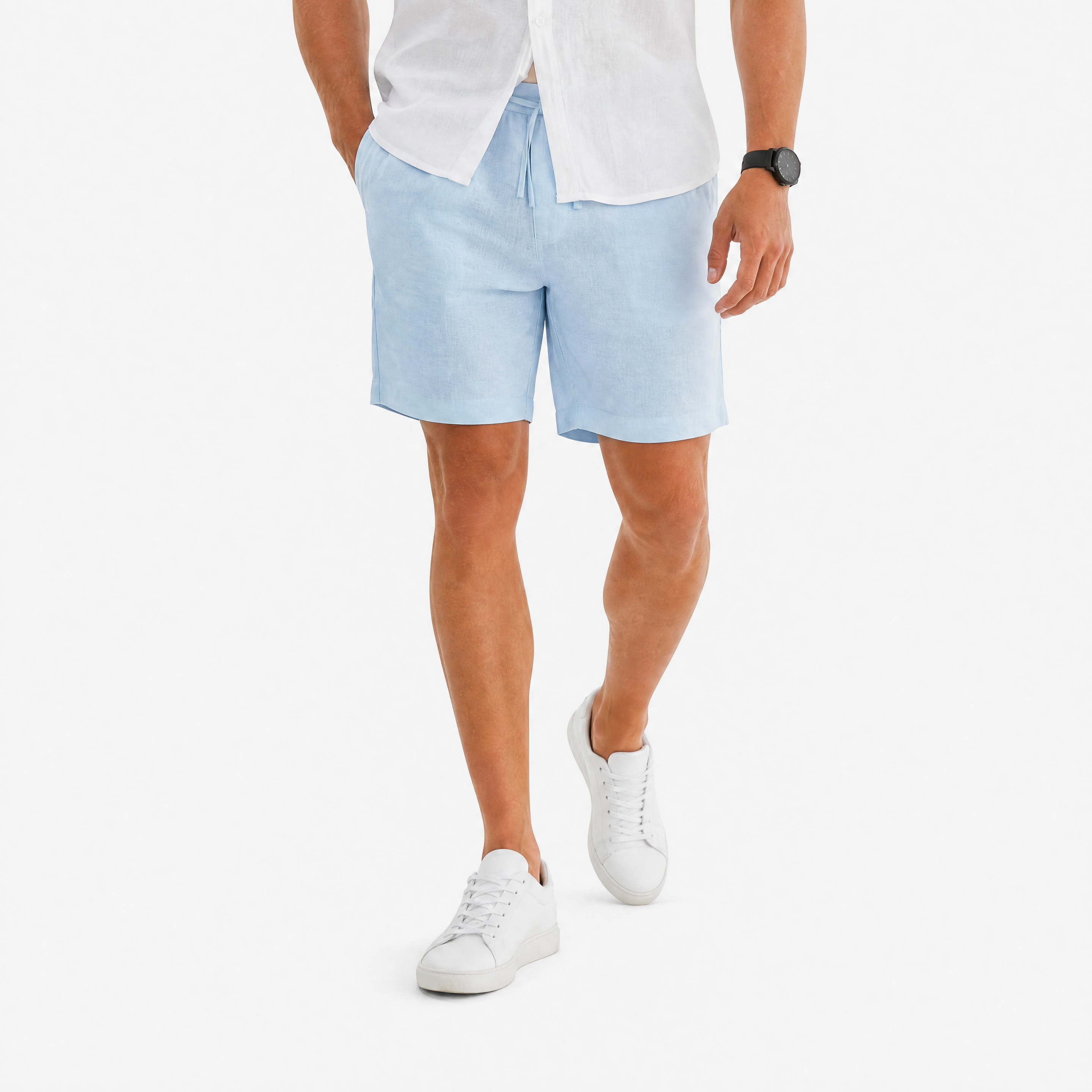 Herren Leinen Shorts Hellblau - Lockere Passform Sommer Freizeit Look - Rosesamour
