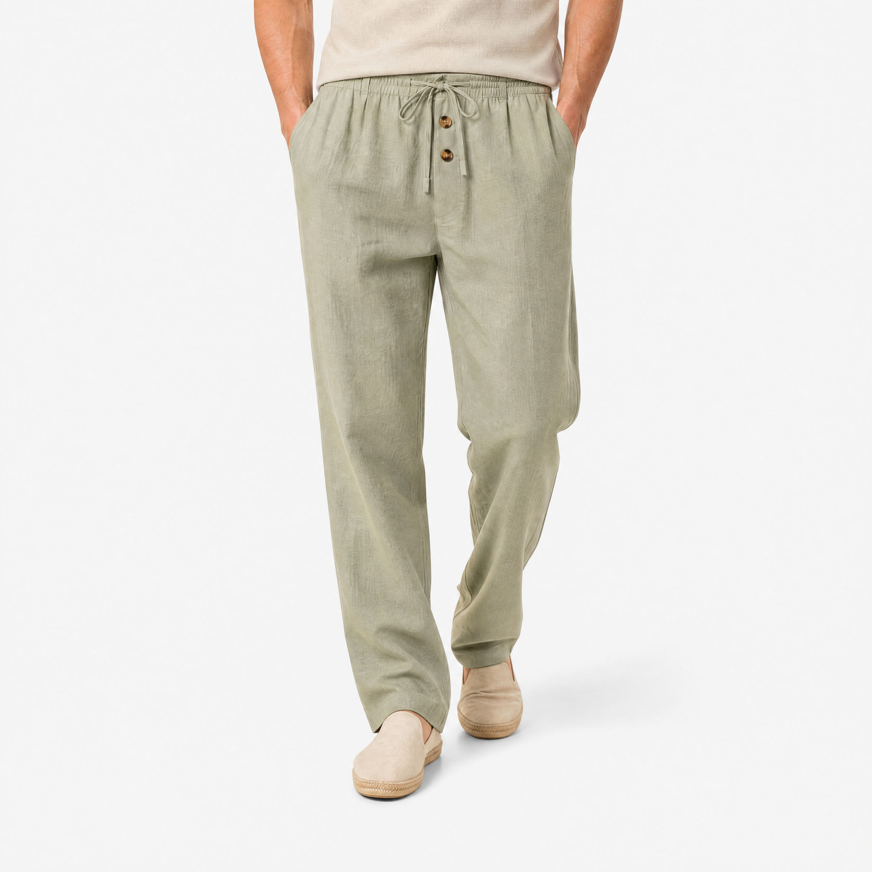 Herren Leinen Freizeithose Olivgrün - Lockere Passform Sommer Freizeit Look - Rosesamour
