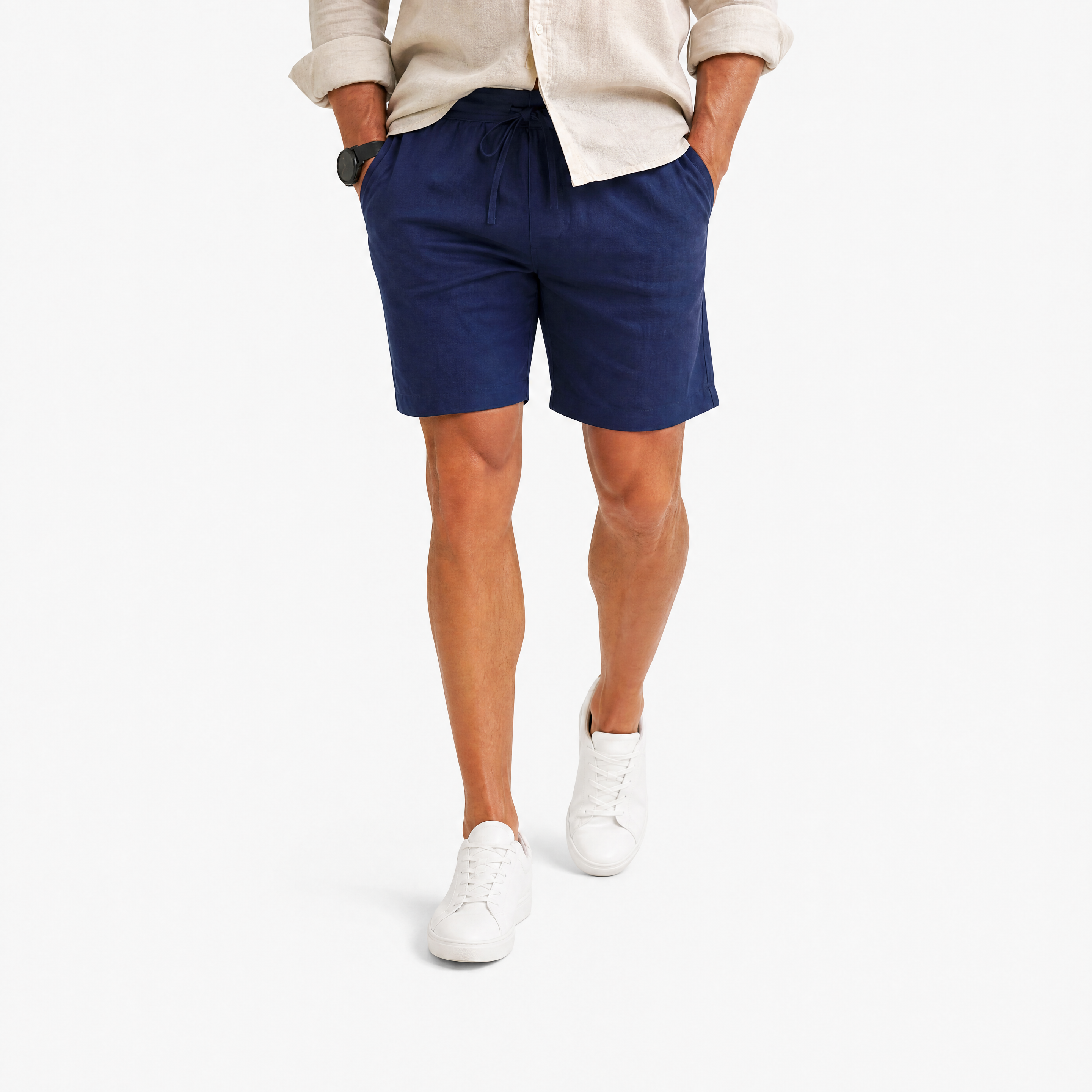 Herren Leinen Shorts Marineblau - Lockere Passform Sommer Freizeit Look - Rosesamour