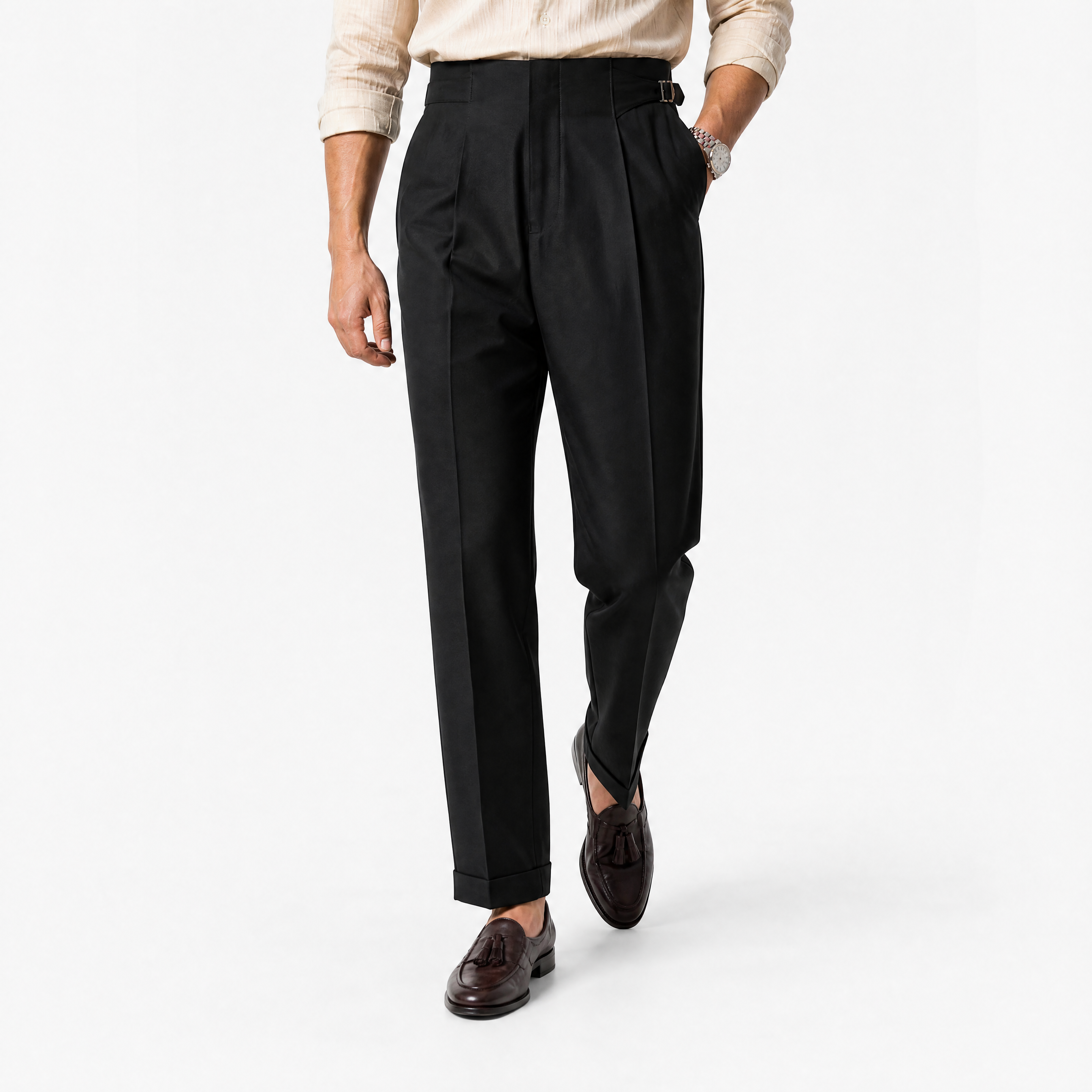 Herren Elegante Bundfaltenhose Schwarz - Weite Passform Business Look - Rosesamour