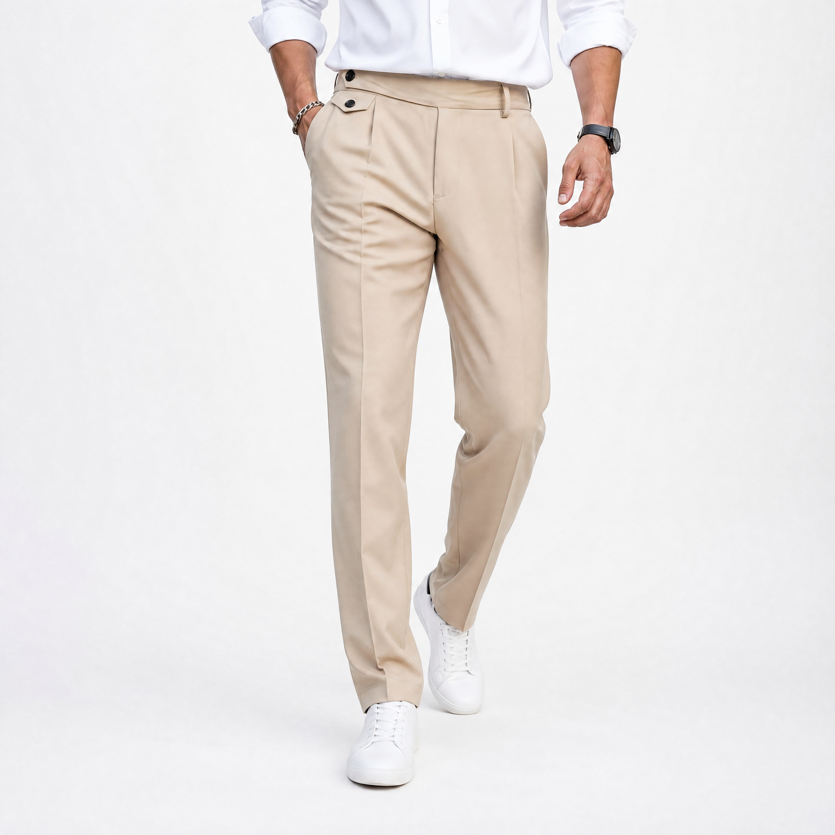 Herren Elegante Bundfaltenhose Creme - Lockere Passform Business Look - Rosesamour