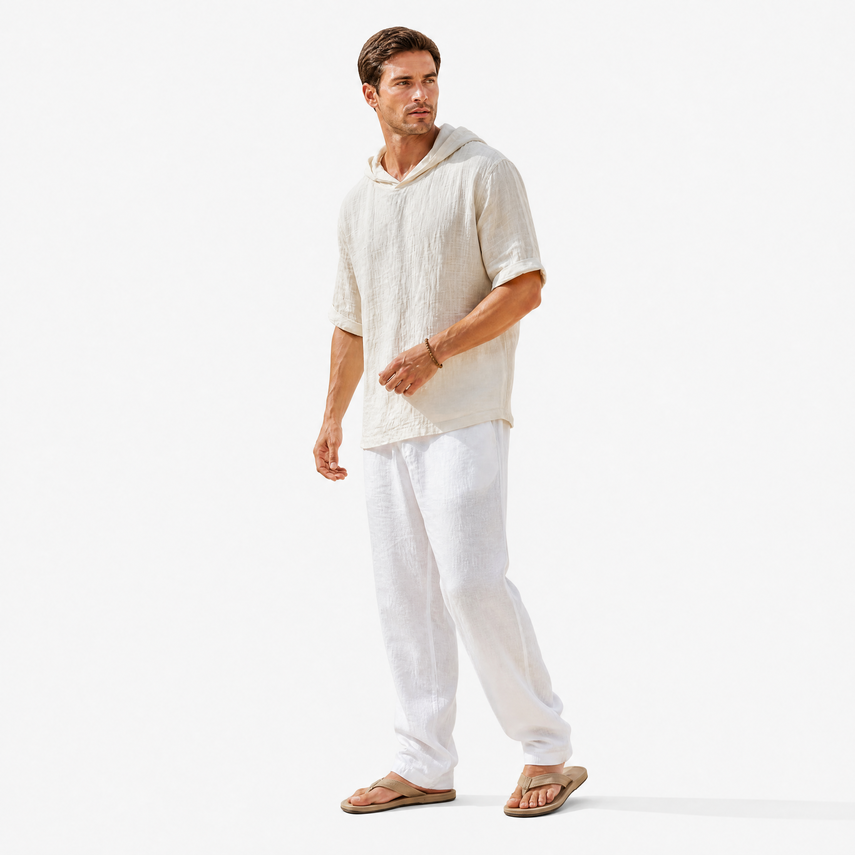Herren Leinen Hoodie Shirt Creme - Lockere Passform Sommer Freizeit Look - Rosesamour