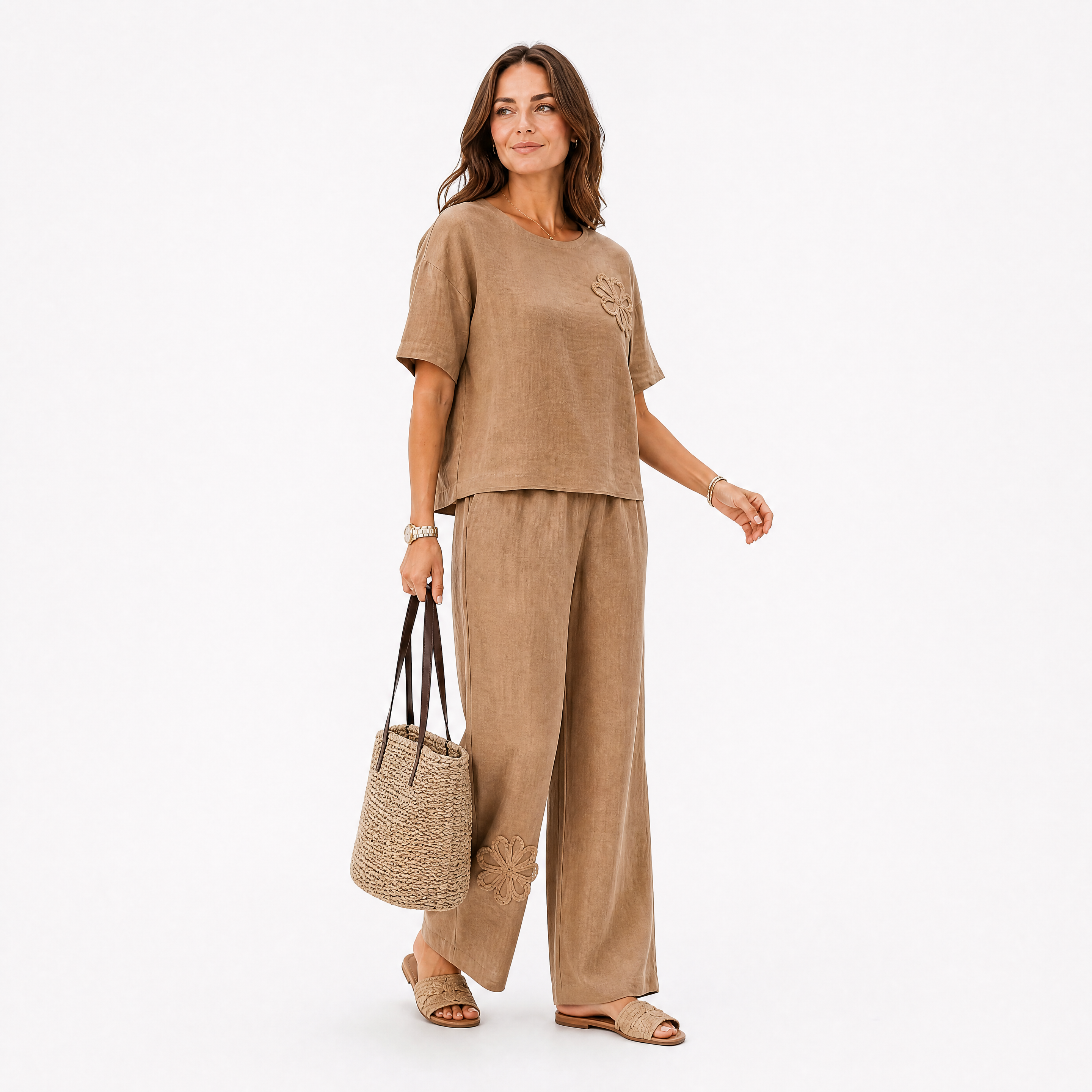 Damen Leinen Zweiteiler Khaki - Lockere Passform Sommer Freizeit Look - Rosesamour