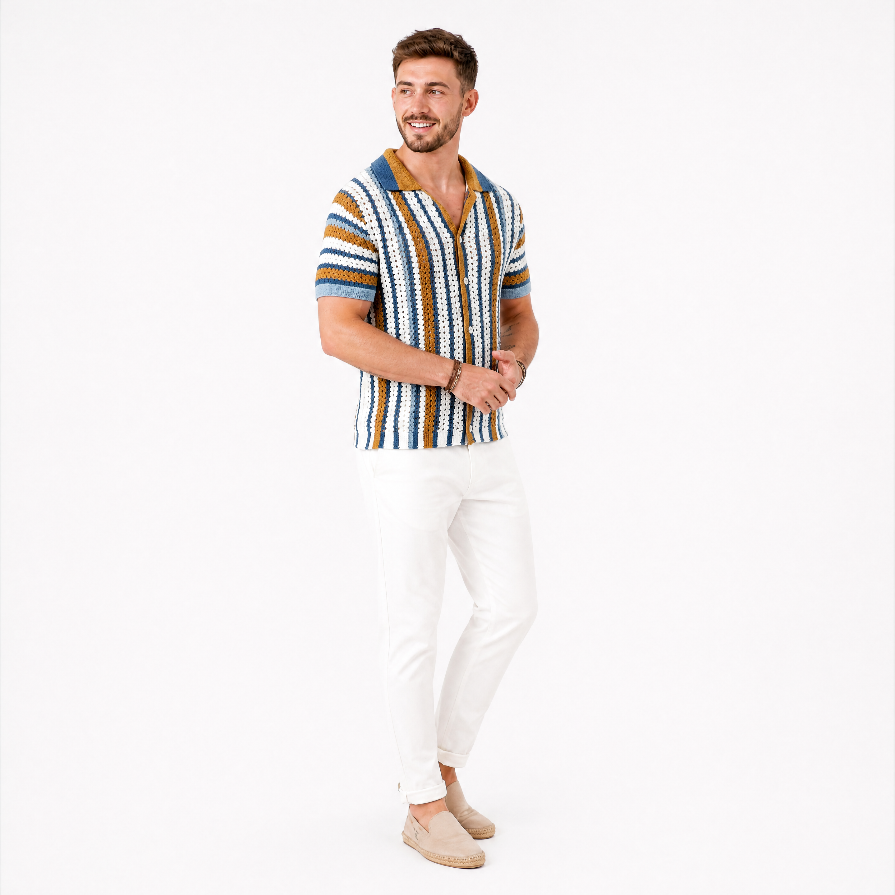 Herren Kurzarm Hemd Mehrfarbig Gestreift - Strukturierter Sommer Look Lockere Passform - Rosesamour