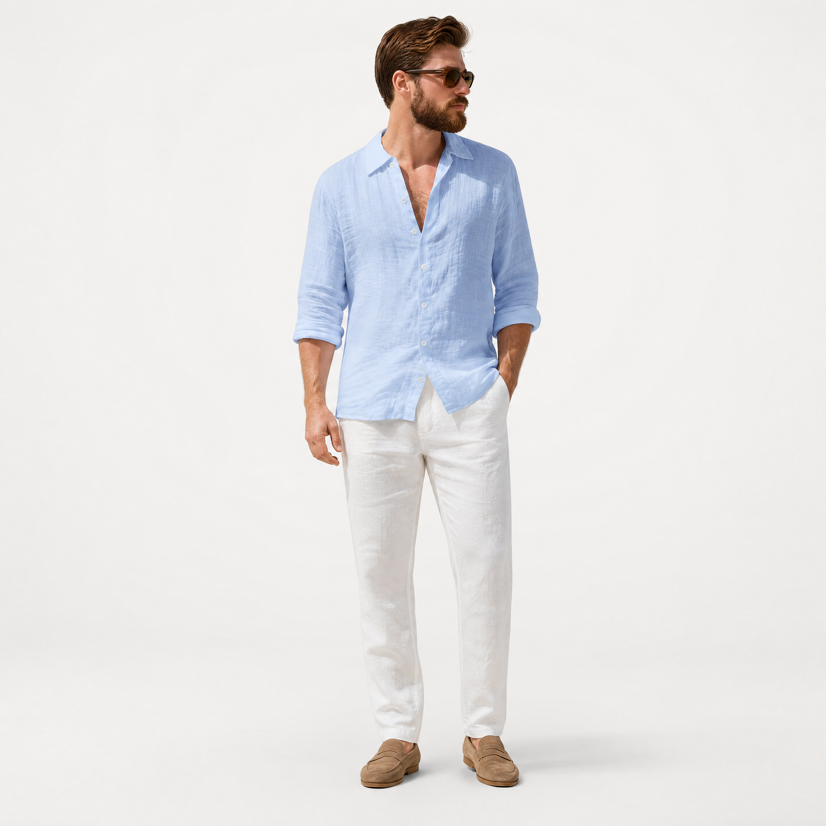 Herren Leinenhemd Hellblau - Strukturierte Passform Luftiger Sommer Look - Rosesamour