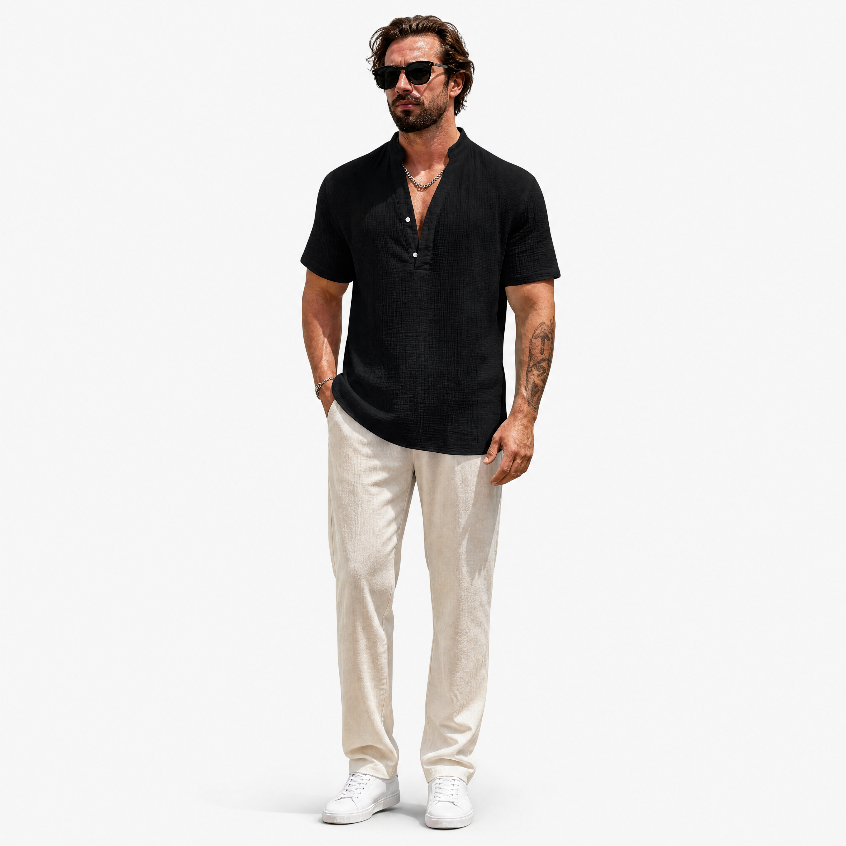 Herren Leinen Henley Hemd Schwarz - Luftige Passform Sommer Look - Rosesamour