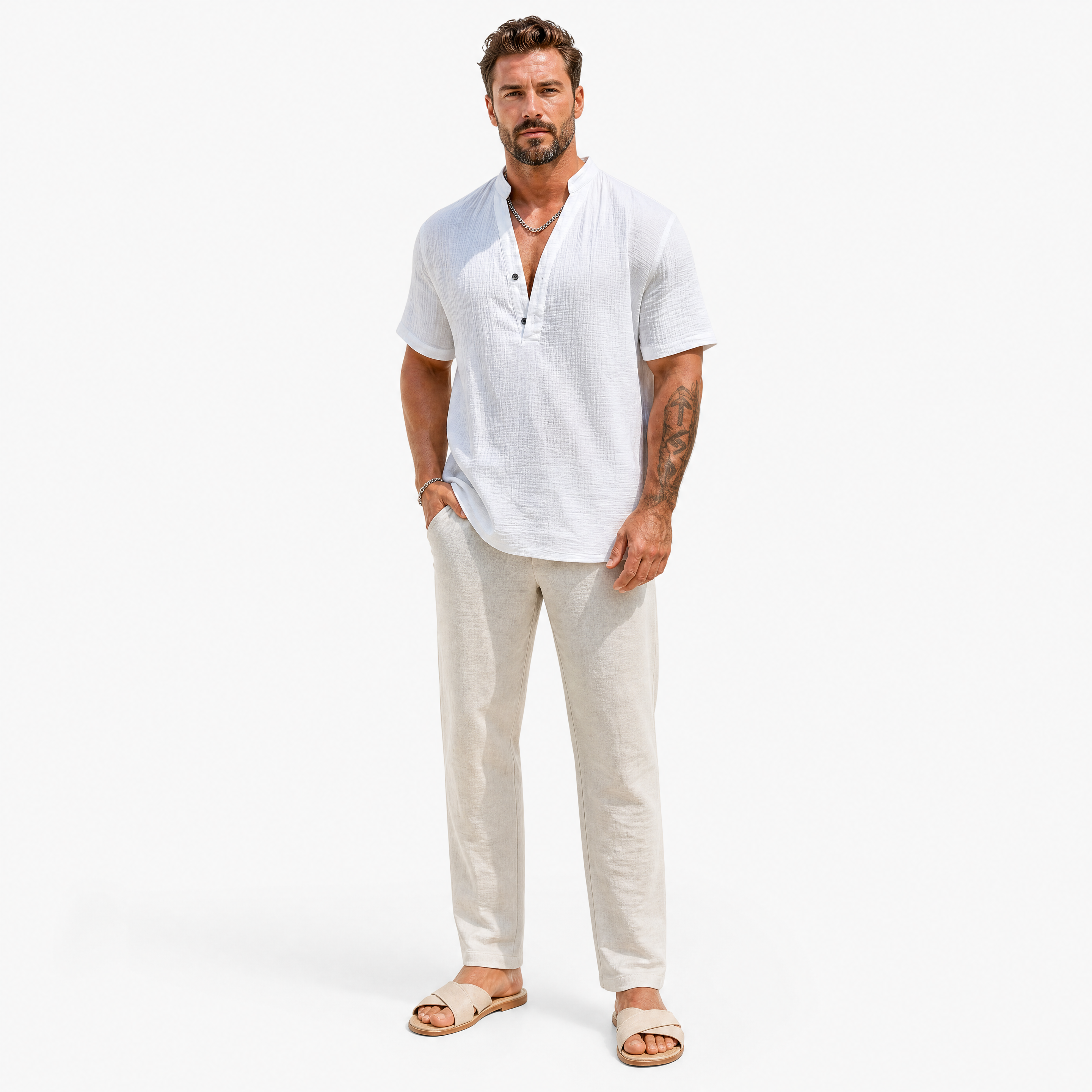 Herren Leinen Henley Hemd Weiß - Luftige Passform Sommer Look - Rosesamour