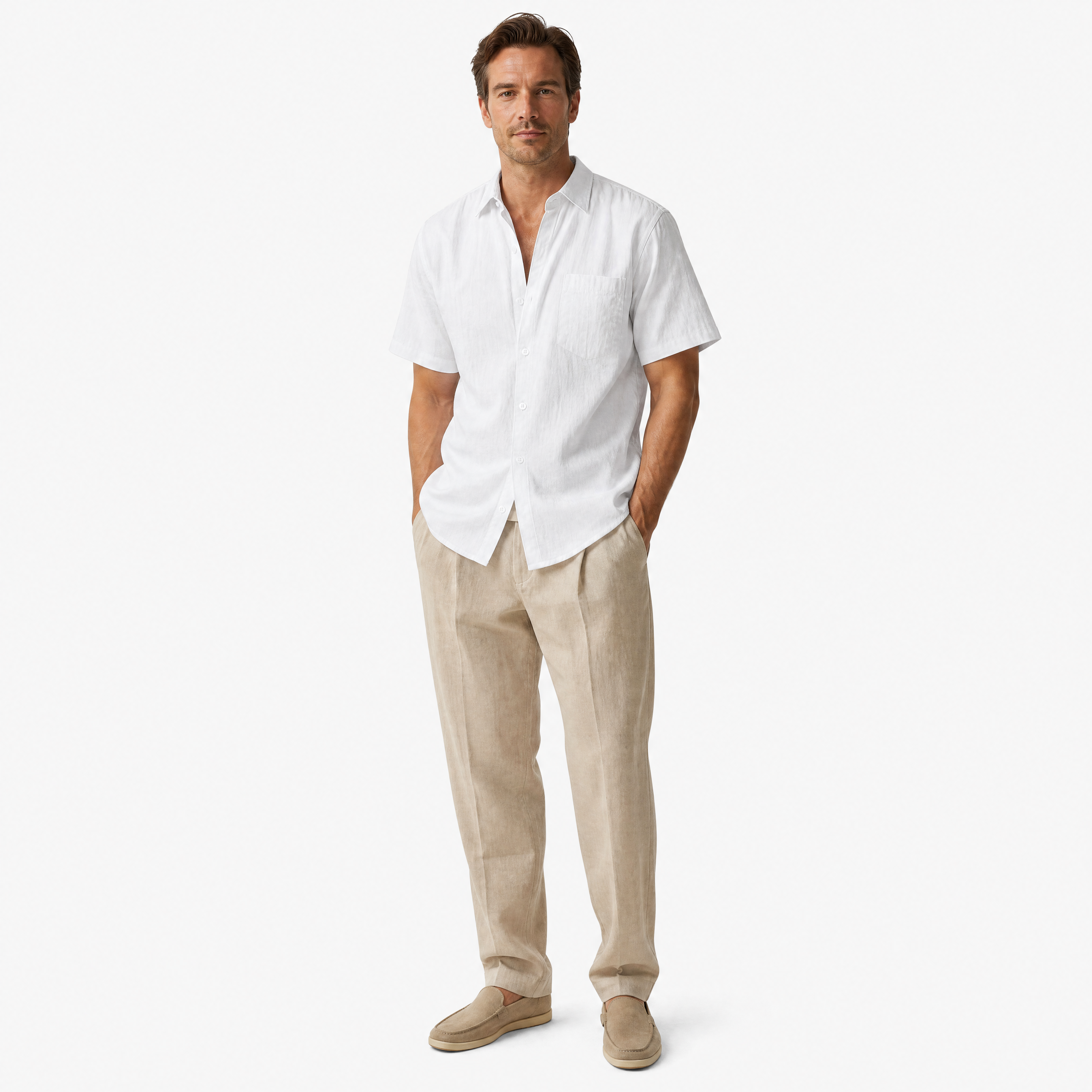 Herren Leinenhemd Weiß Kurzarm - Luftige Passform Sommer Freizeit Look - Rosesamour