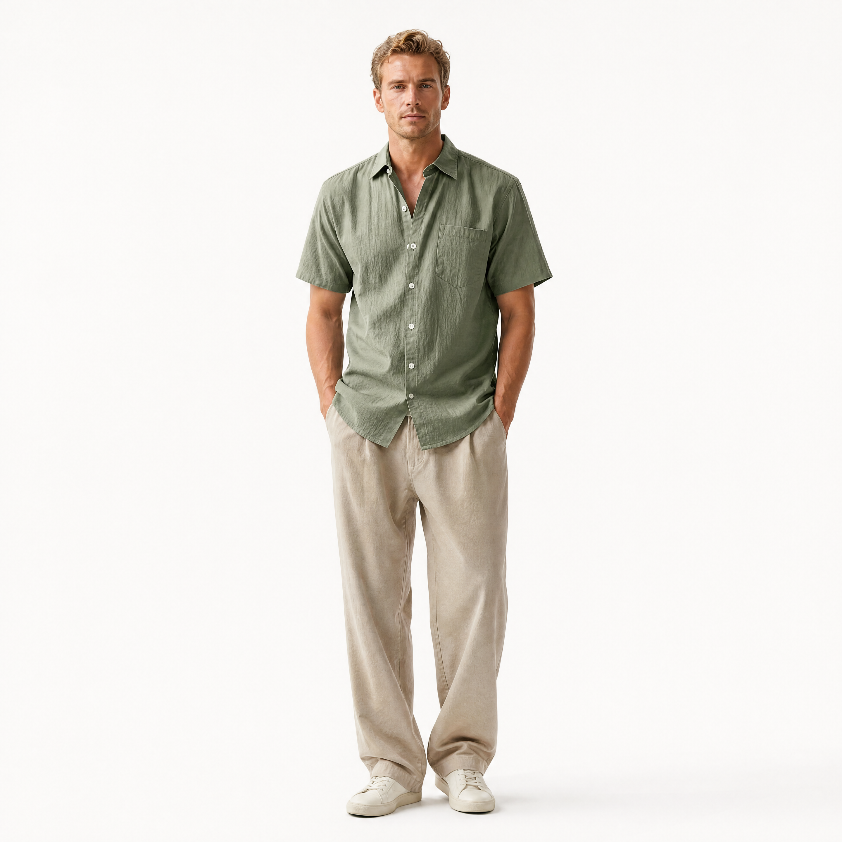 Herren Leinenhemd Grün Kurzarm - Luftige Passform Sommer Freizeit Look - Rosesamour