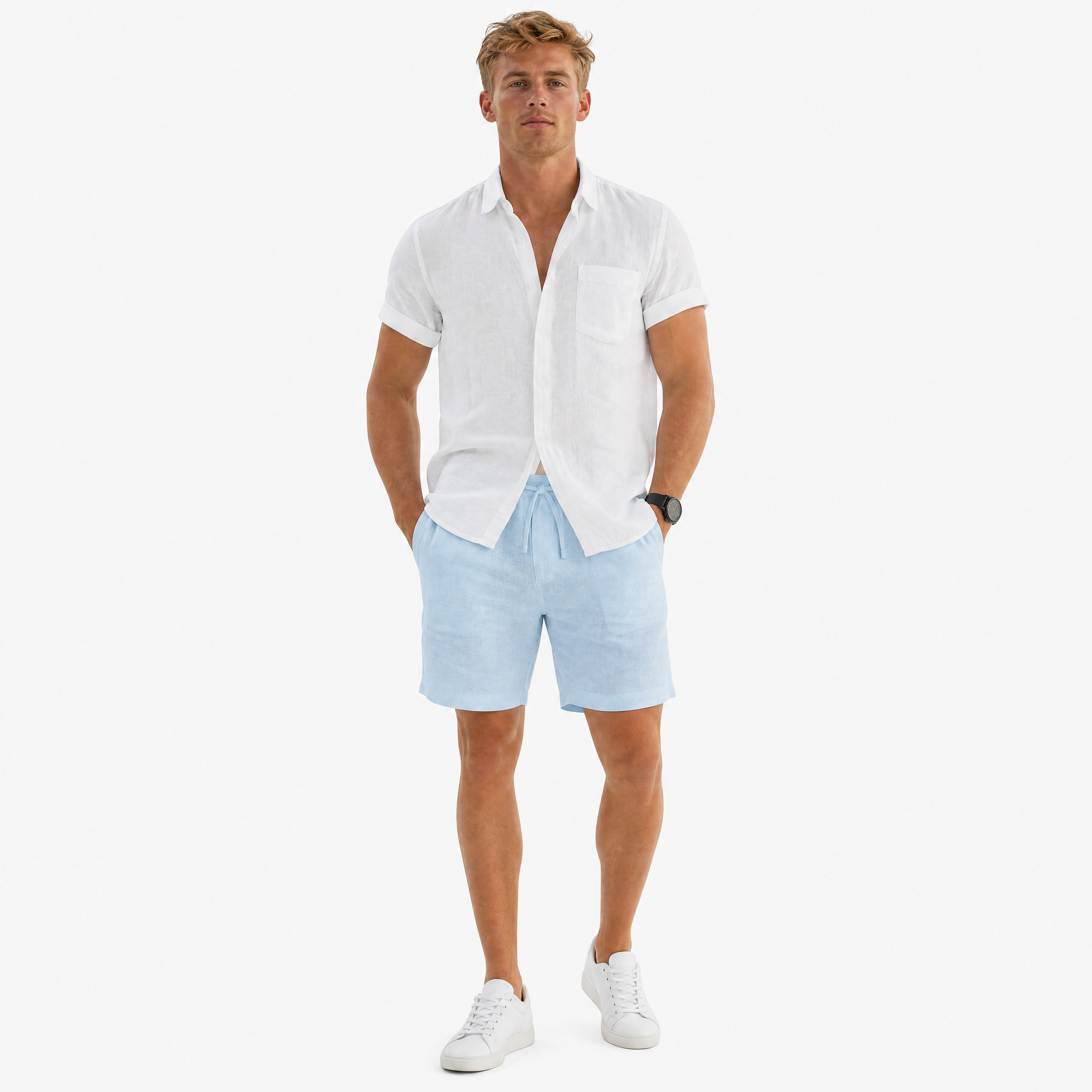 Herren Leinen Shorts Hellblau - Lockere Passform Sommer Freizeit Look - Rosesamour
