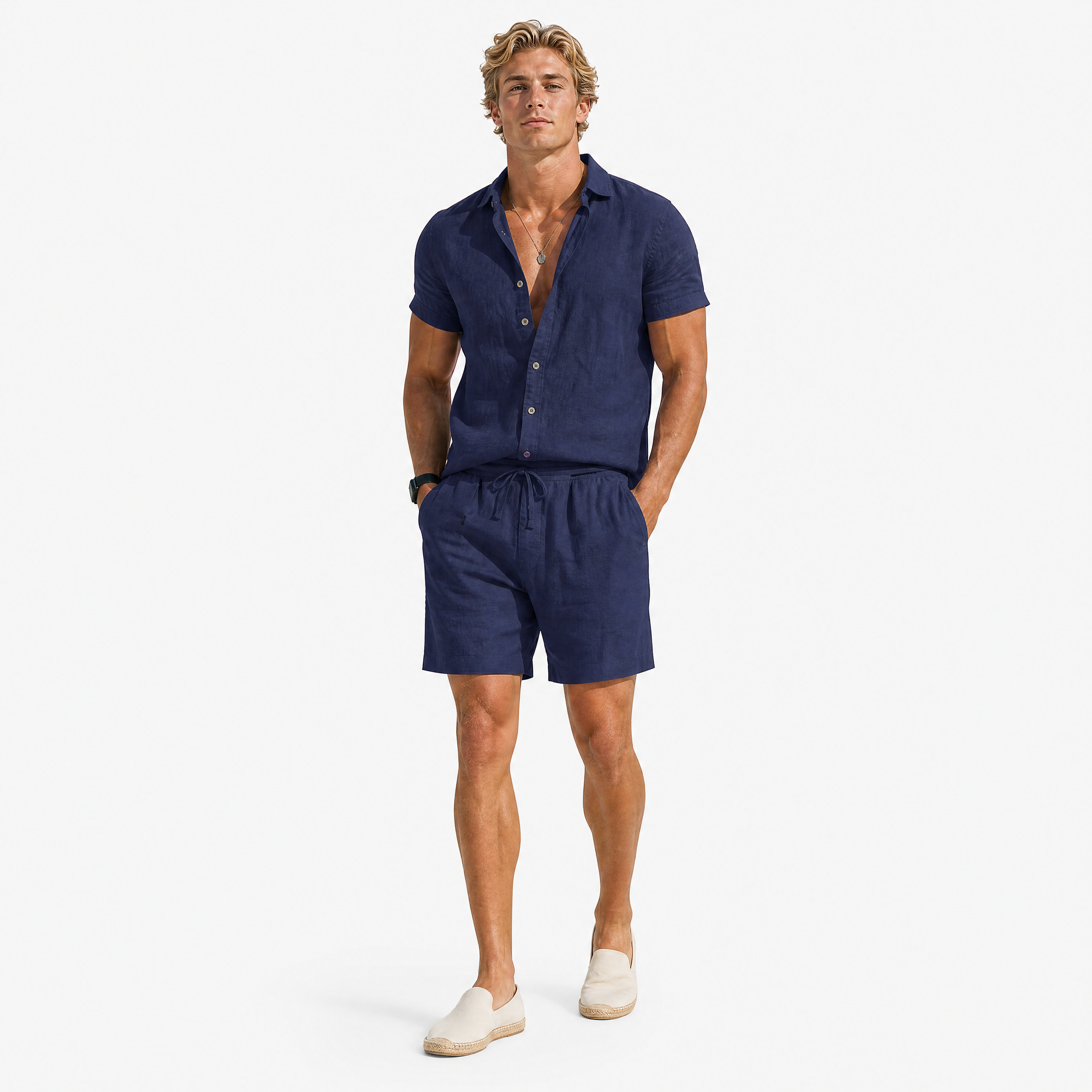 Herren Leinen Shorts Dunkelblau - Lockere Passform Sommer Freizeit Look - Rosesamour