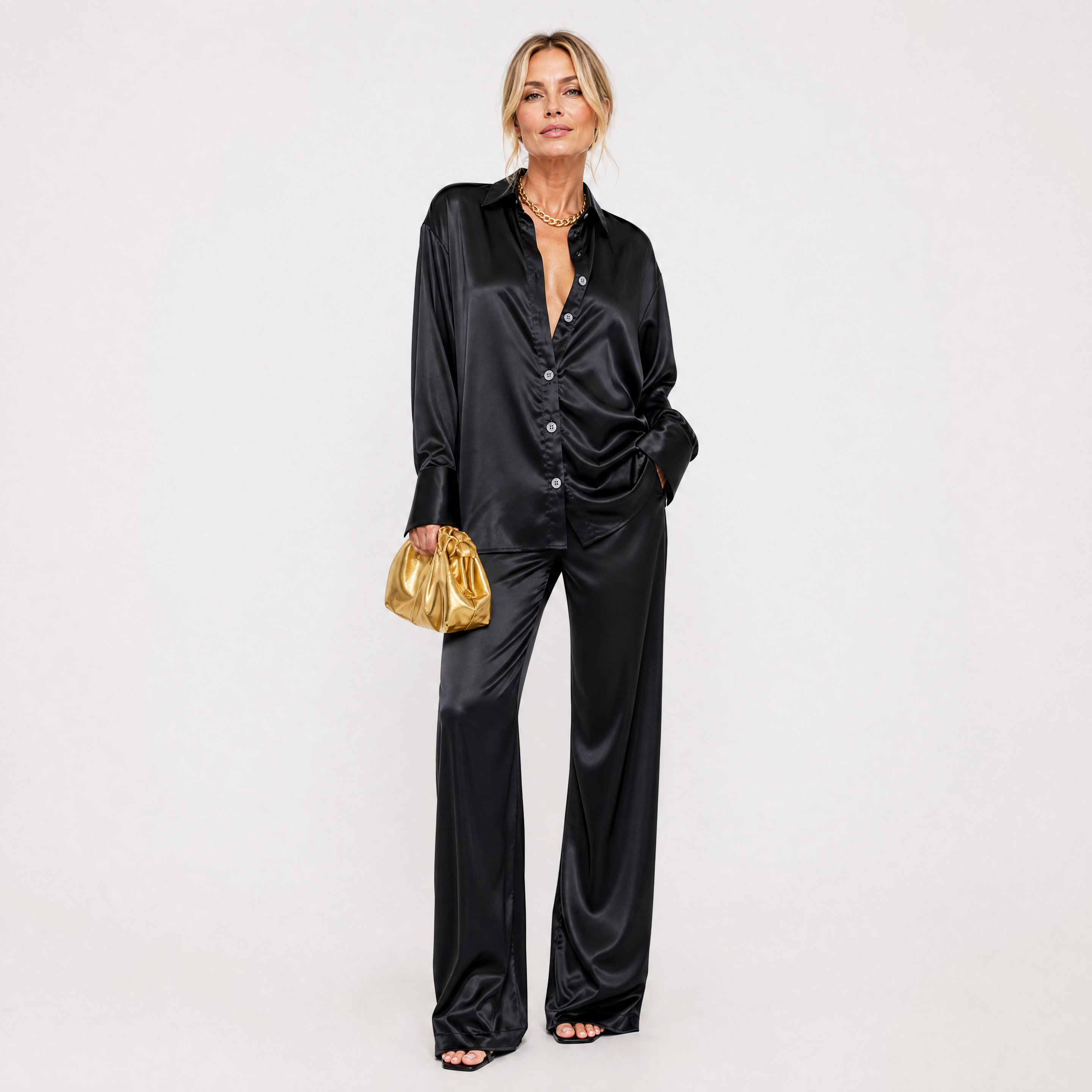 Damen Satin Bluse Hose Set Schwarz - Lockere Passform Eleganter Freizeit Look - Rosesamour
