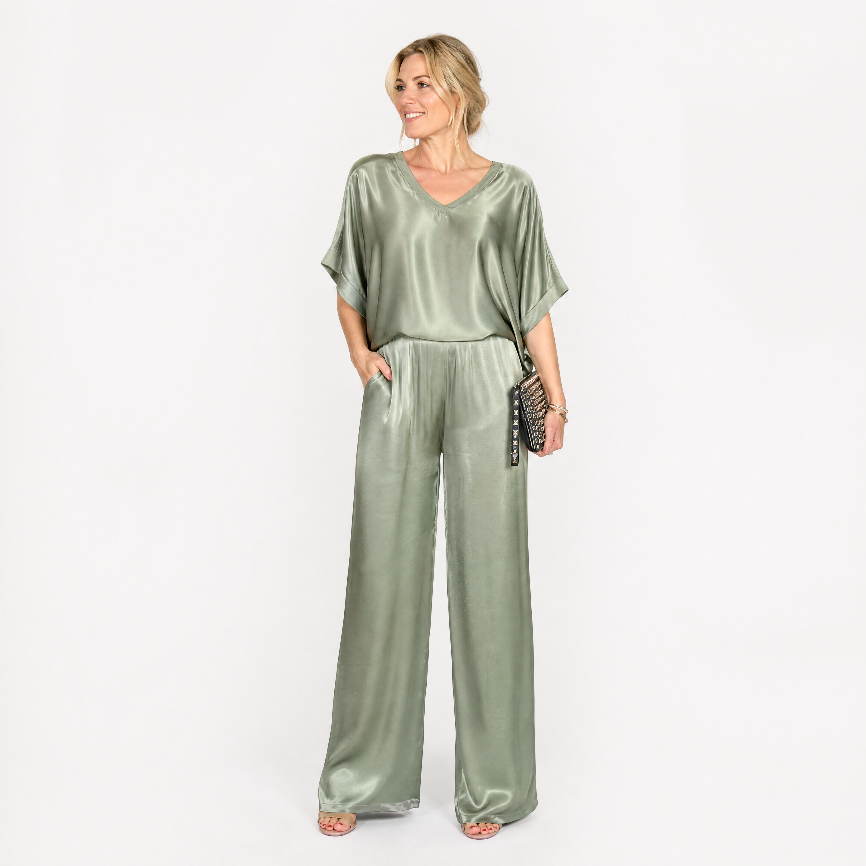 Damen Satin Bluse Hose Set Grün - Lockere Passform Eleganter Freizeit Look - Rosesamour