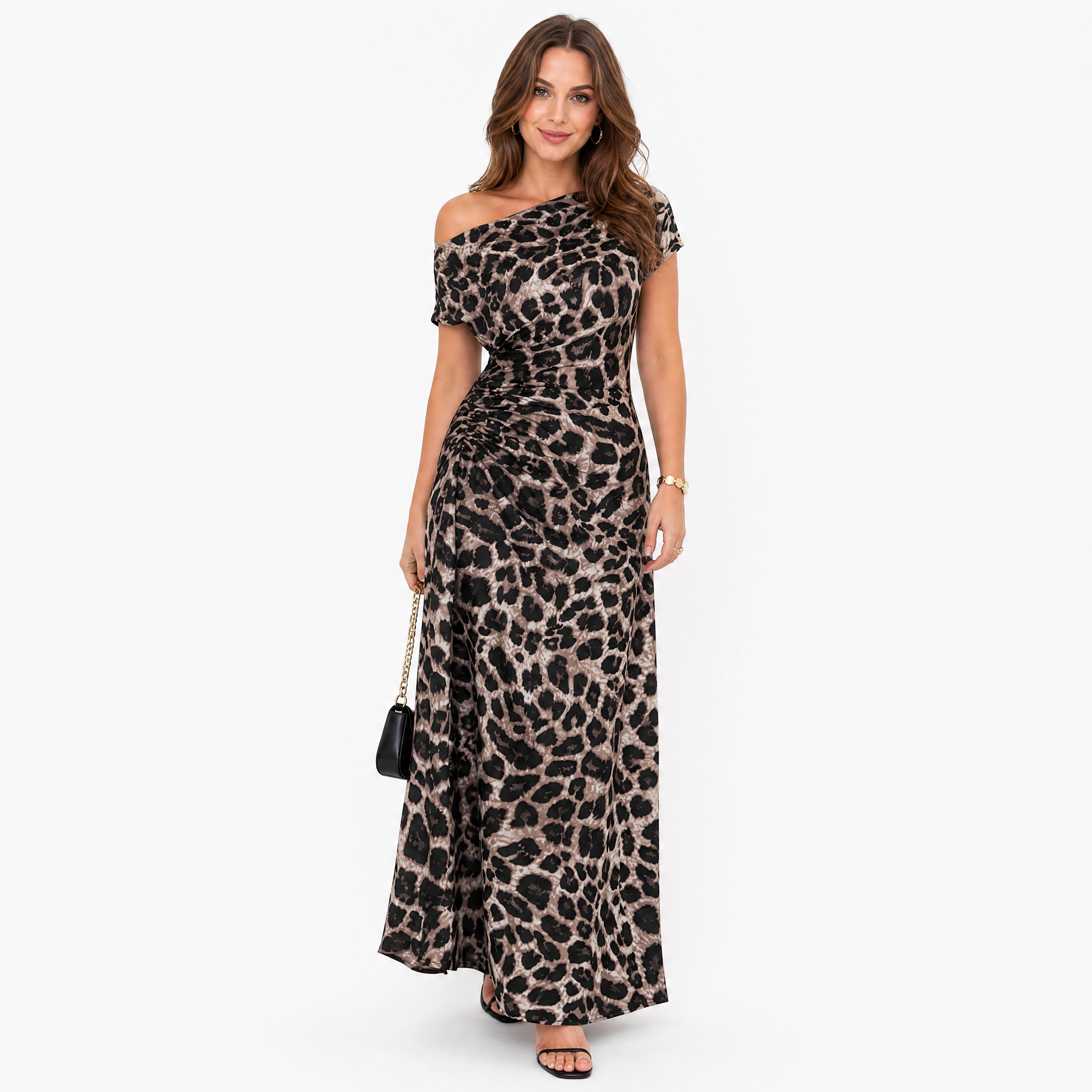 Damen Maxikleid Braun Leopard Schulterfrei - Fließende Passform Sommer Eleganz Look - Rosesamour