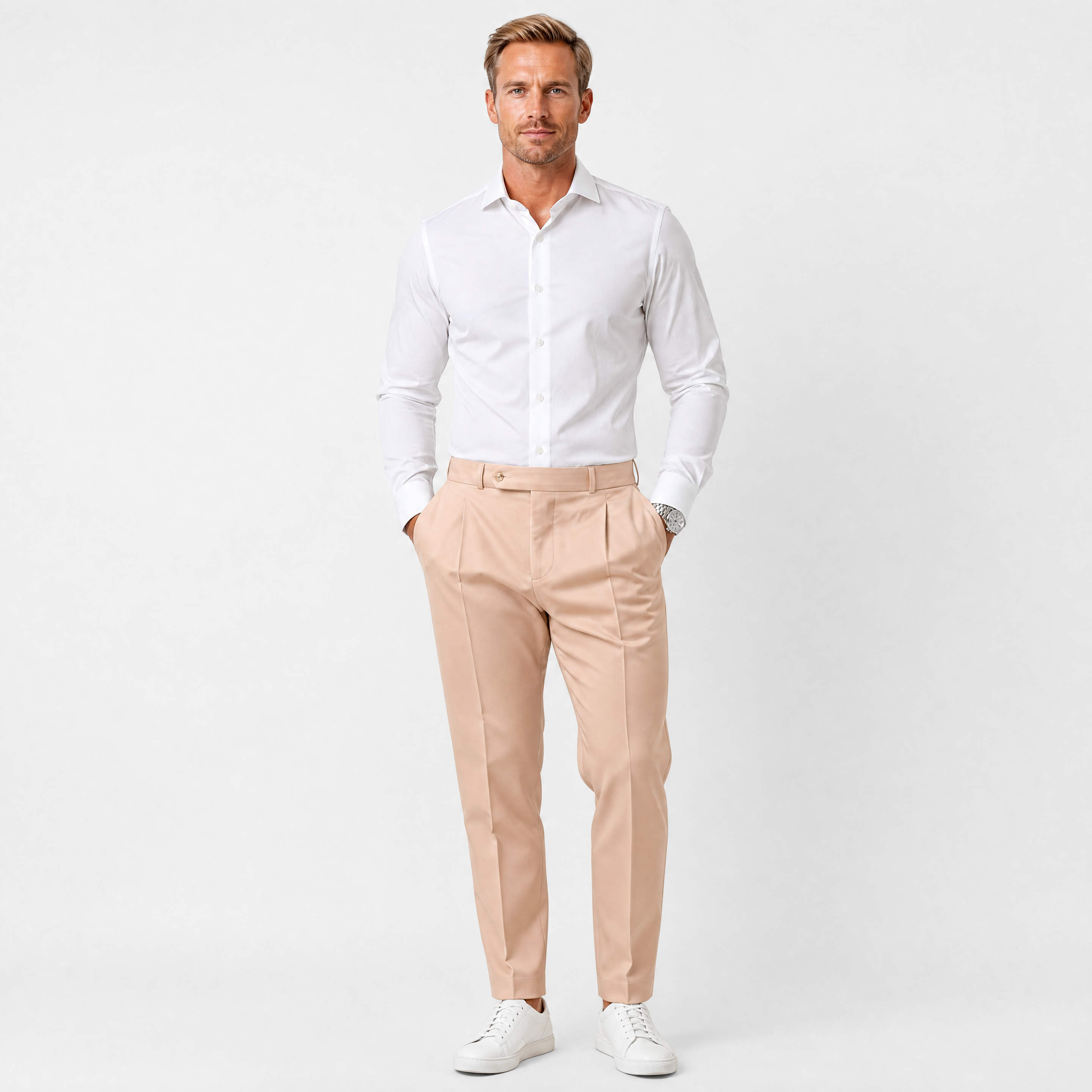 Die Elegante Weite Bundfalten Hose Beige