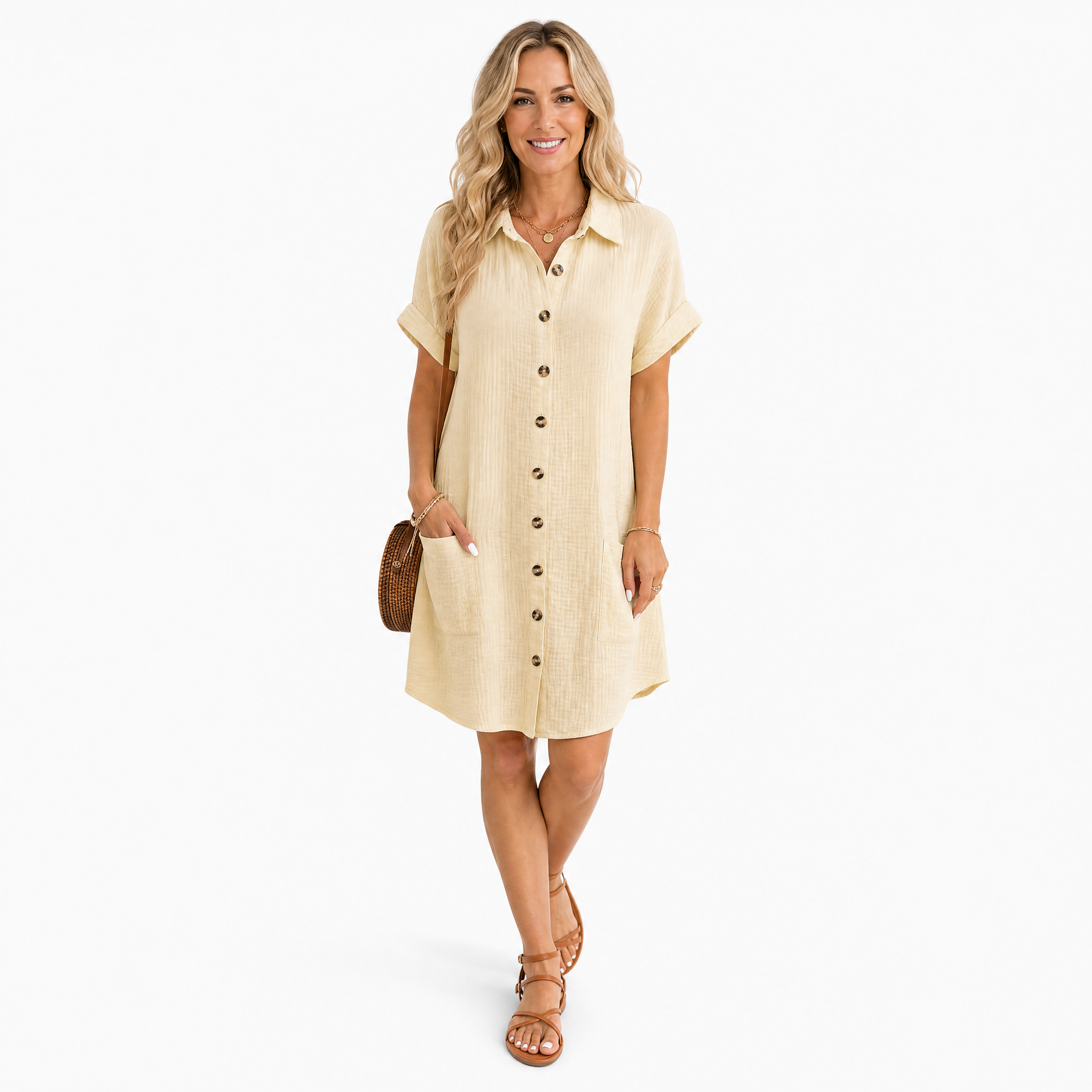 Damen Blusenkleid Khaki Sommer - Lockere Passform Leichter Freizeit Look - Rosesamour