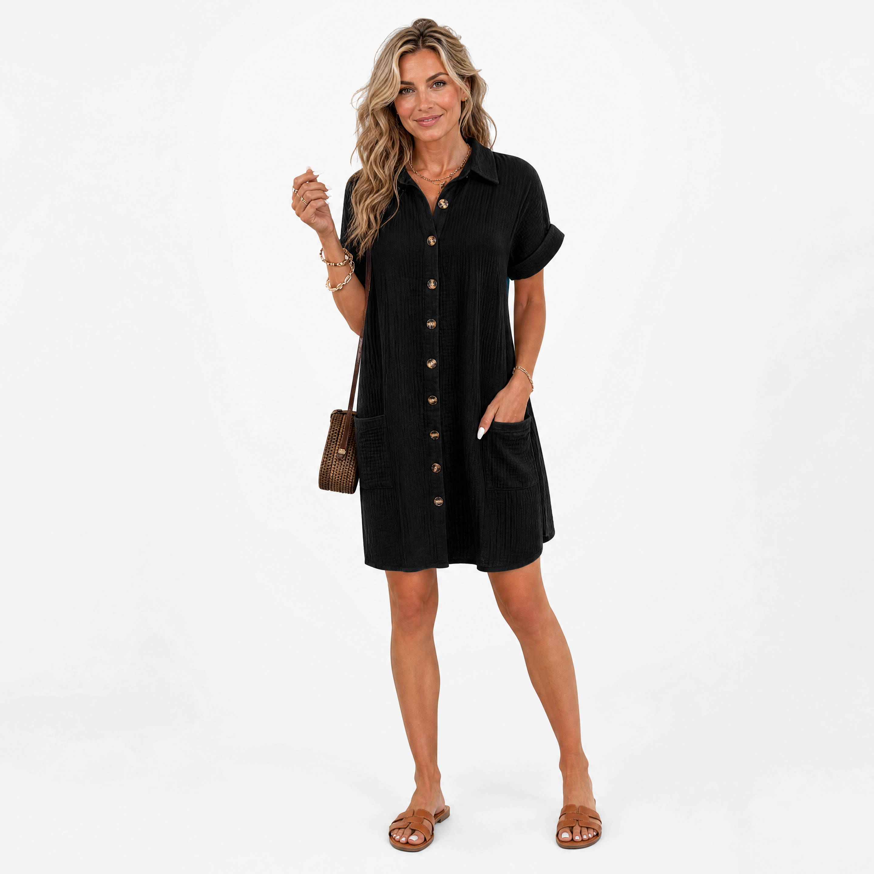 Damen Hemdblusenkleid Schwarz Sommer - Lockere Passform Eleganter Freizeit Look - Rosesamour