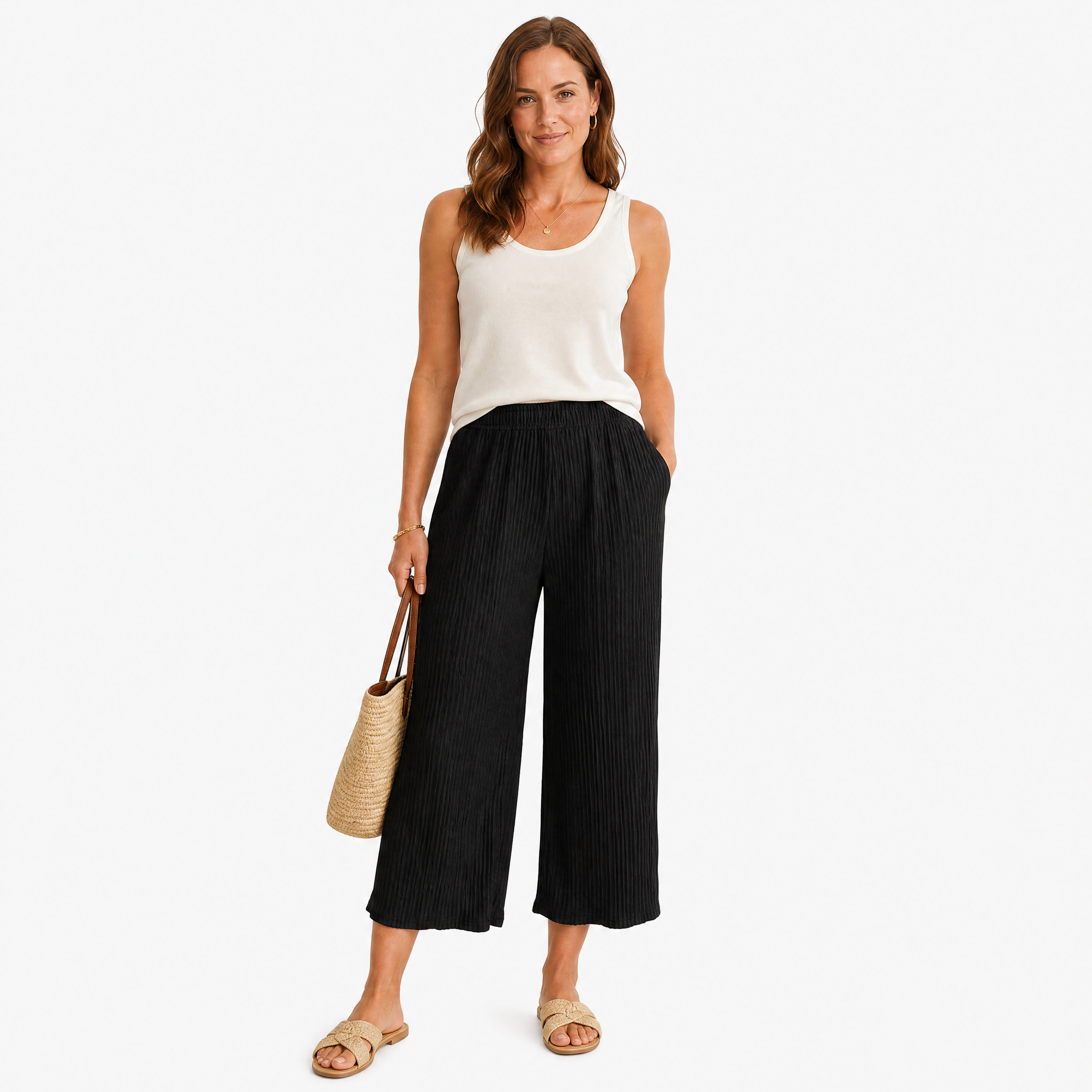 Damen Plissee Palazzo Hose Schwarz - Weite Passform Sommer Freizeit Look - Rosesamour