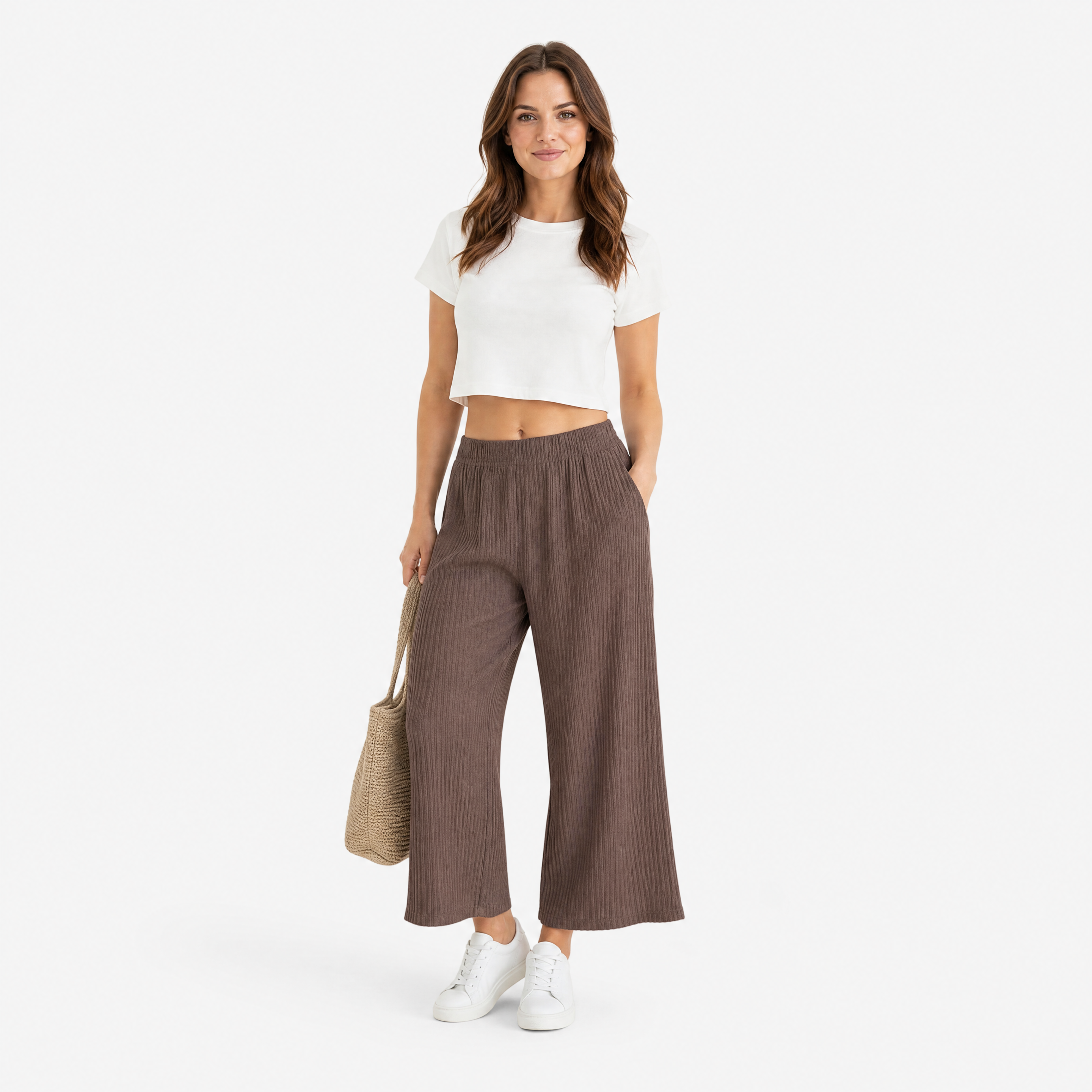 Damen Plissee Stoffhose Braun - Weite Passform Lockerer Sommer Look - Rosesamour