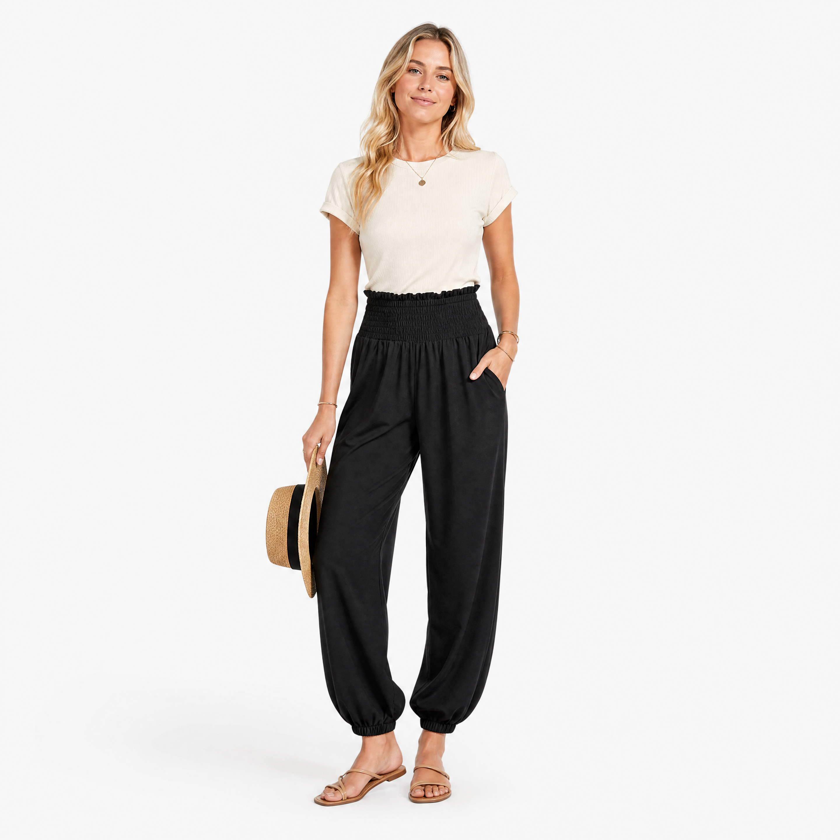 Damen Sommerhose Schwarz Hohe Taille - Lockere Passform Elastischer Freizeit Look - Rosesamour