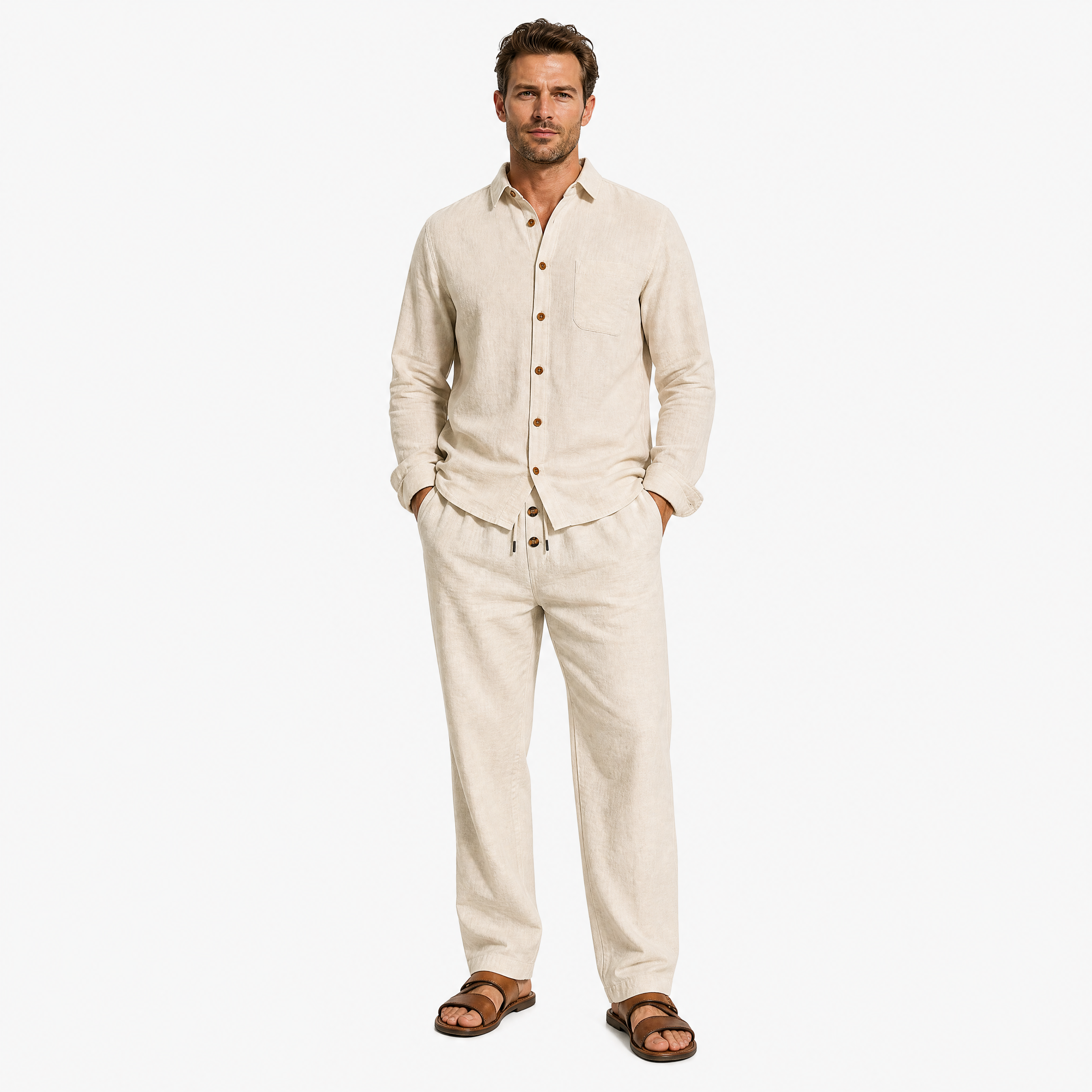Herren Leinenhose Khaki - Lockere Passform Sommer Freizeit Look - Rosesamour