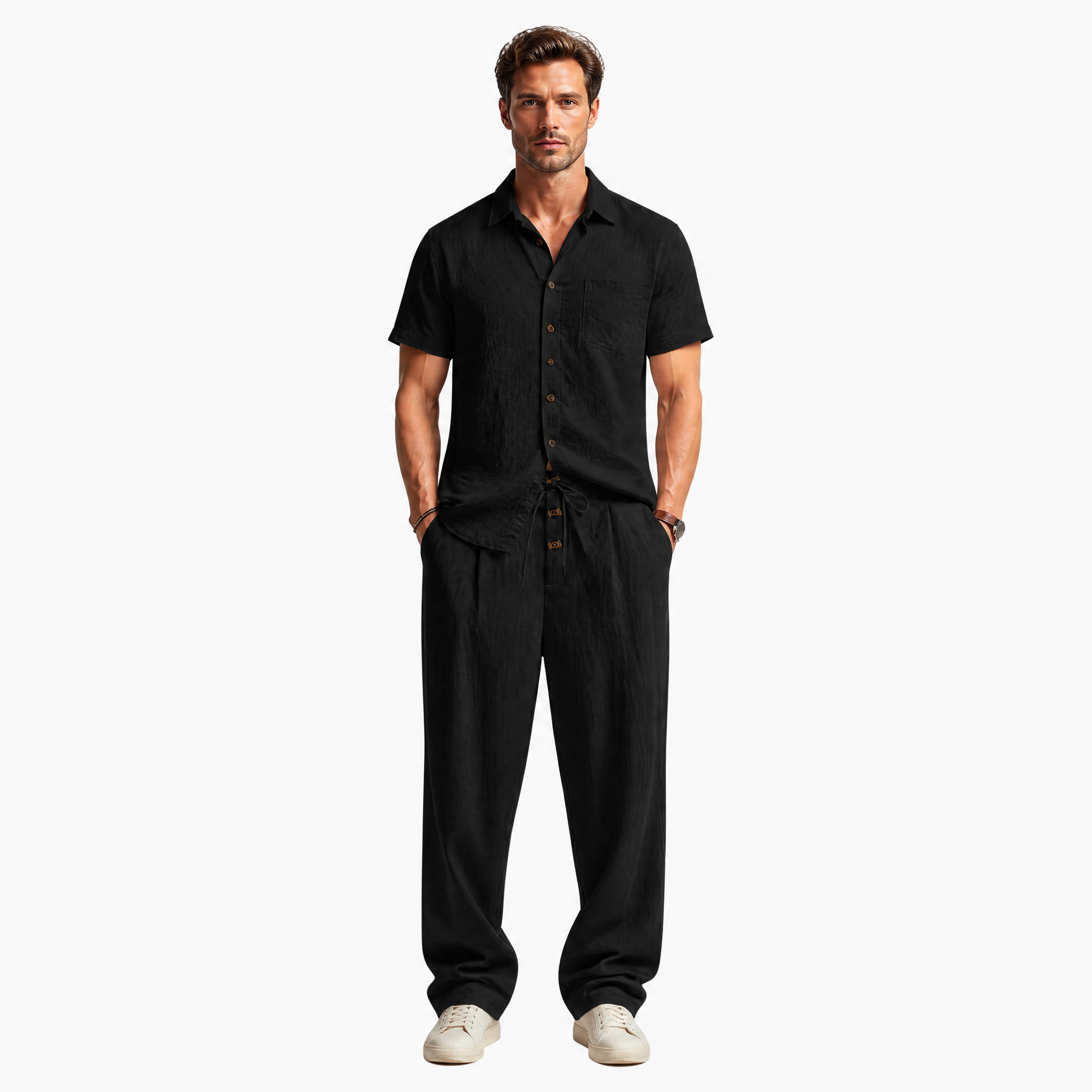 Herren Leinenhose Schwarz - Lockere Passform Sommer Freizeit Look - Rosesamour
