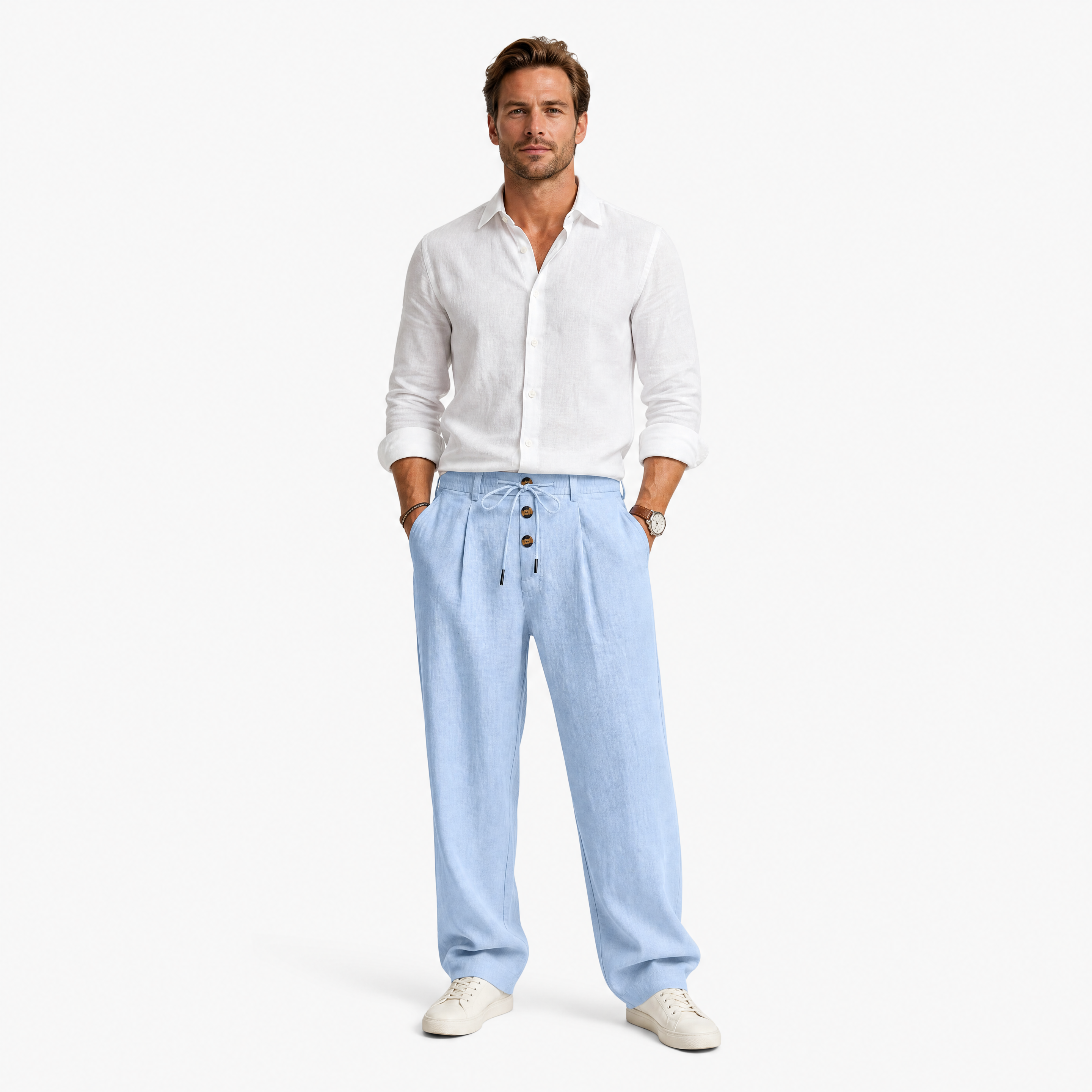 Herren Leinenhose Hellblau - Lockere Passform Sommer Freizeit Look - Rosesamour