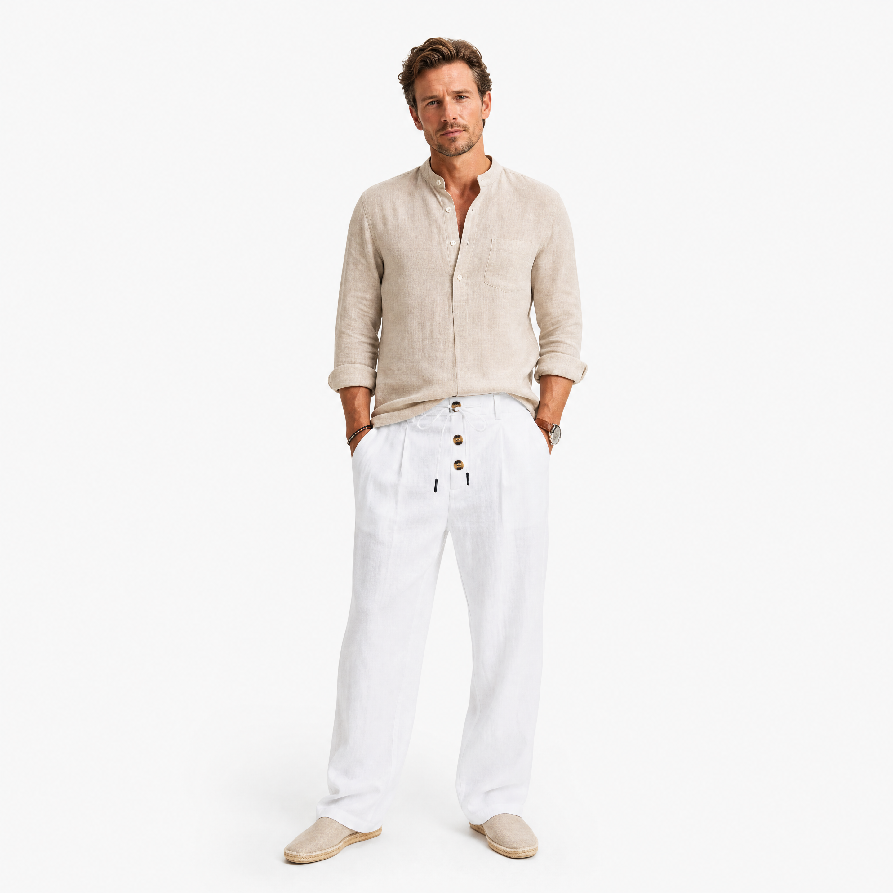 Herren Leinenhose Weiß - Lockere Passform Sommer Freizeit Look - Rosesamour