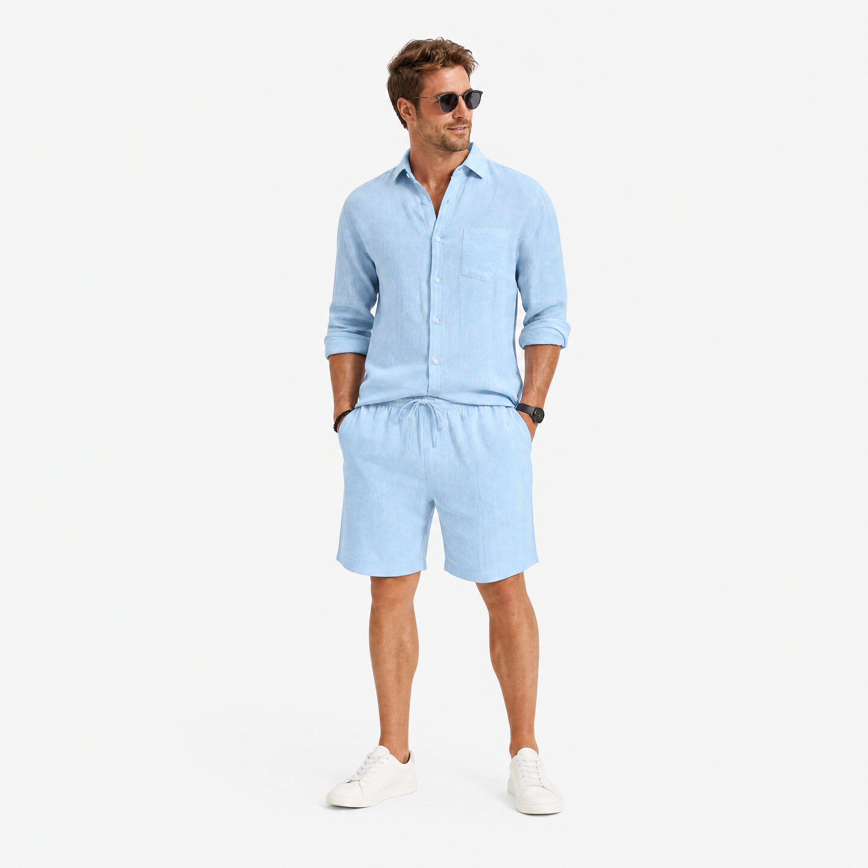 Herren Leinen Shorts Hellblau - Lockere Passform Sommer Freizeit Look - Rosesamour