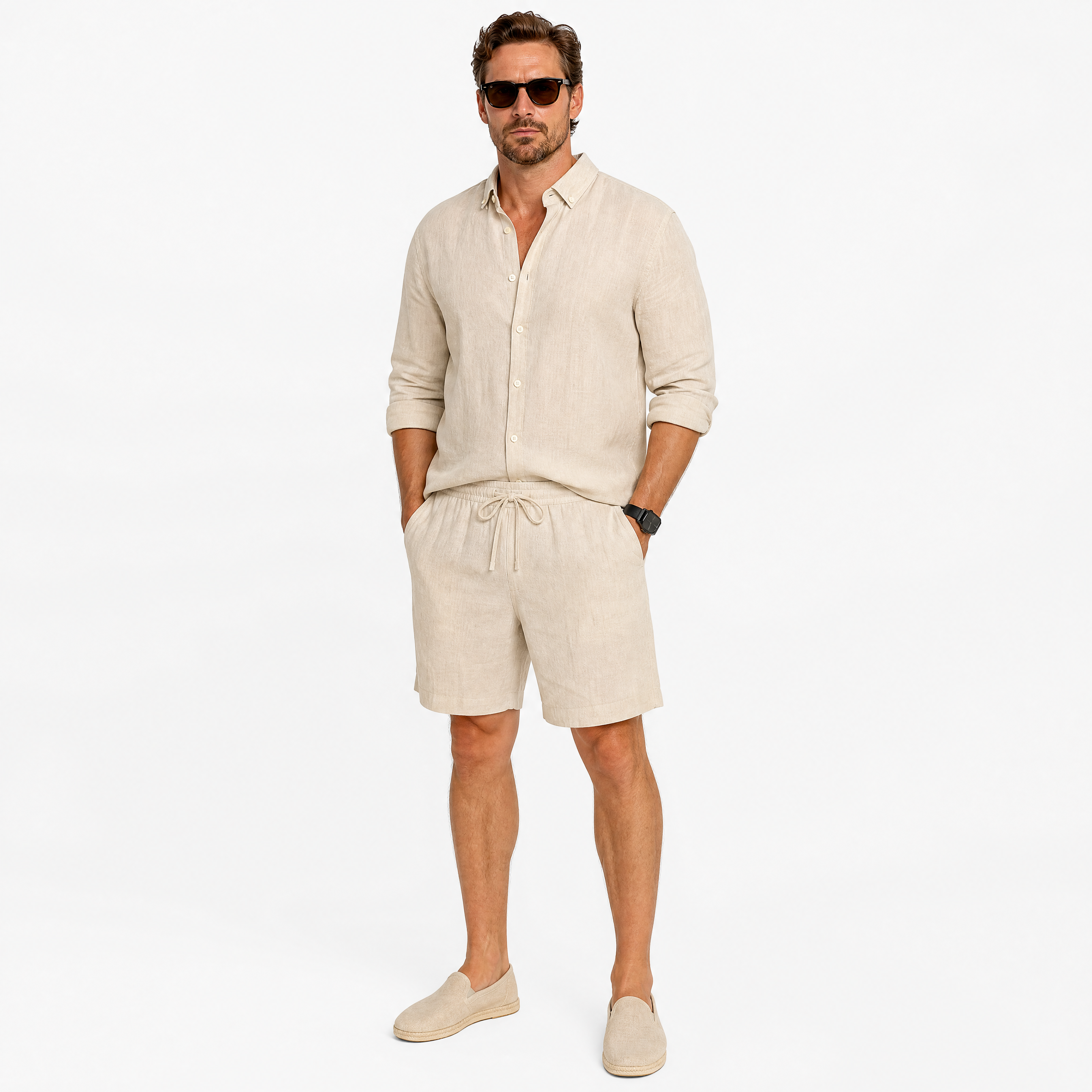 Herren Leinen Shorts Creme - Lockere Passform Sommer Freizeit Look - Rosesamour