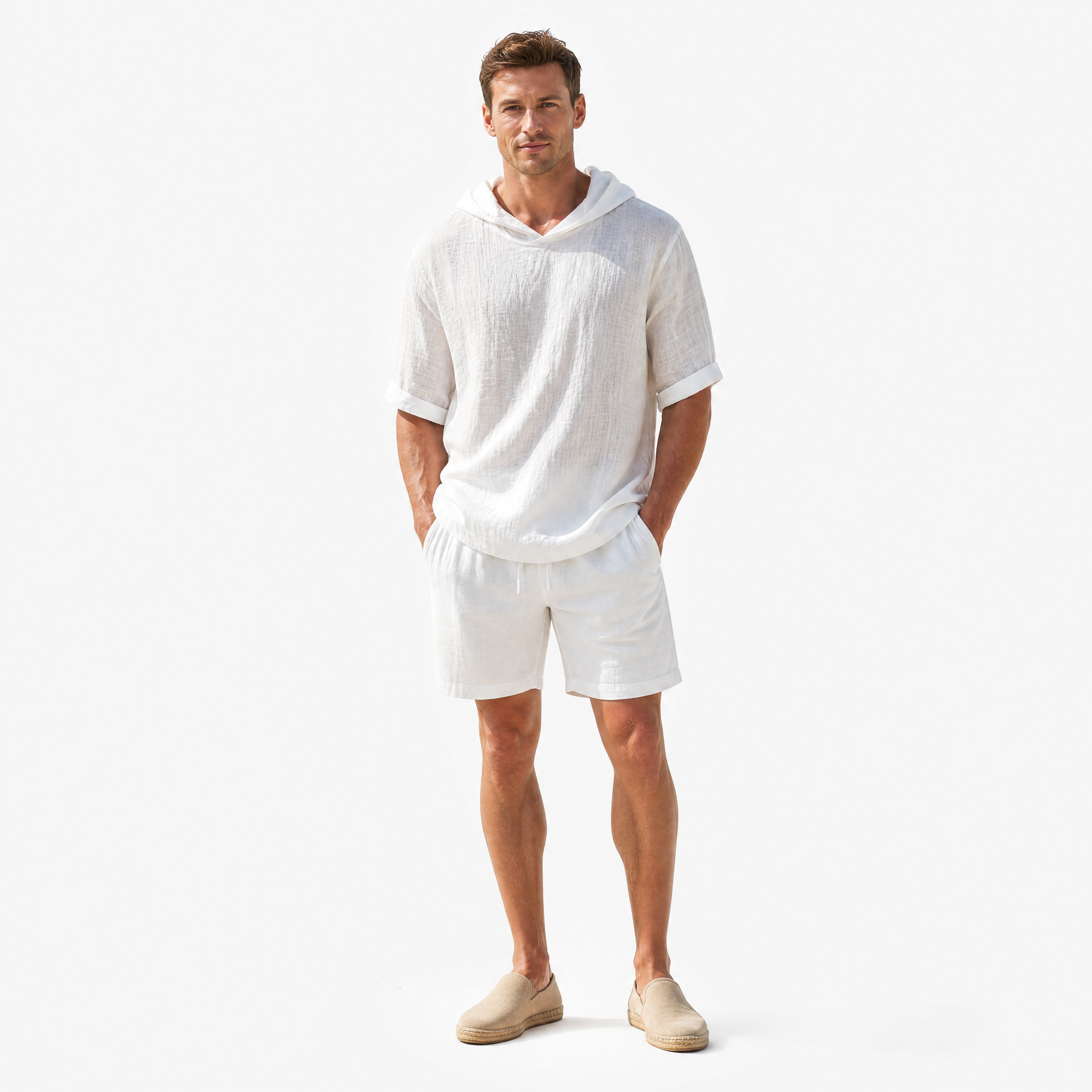 Herren Leinen Hoodie Shirt Weiß - Lockere Passform Sommer Freizeit Look - Rosesamour