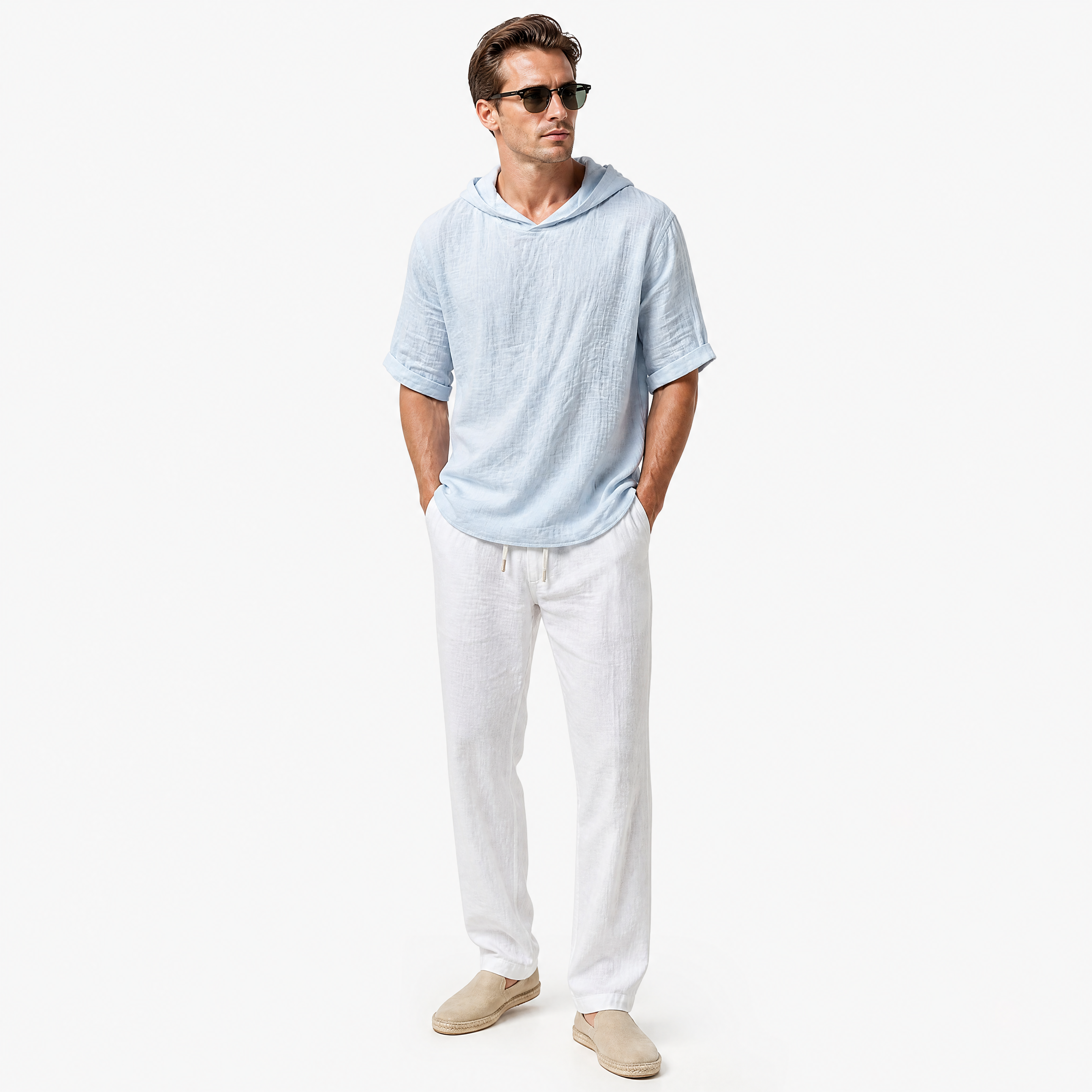 Herren Leinen Hoodie Shirt Hellblau - Lockere Passform Sommer Freizeit Look - Rosesamour