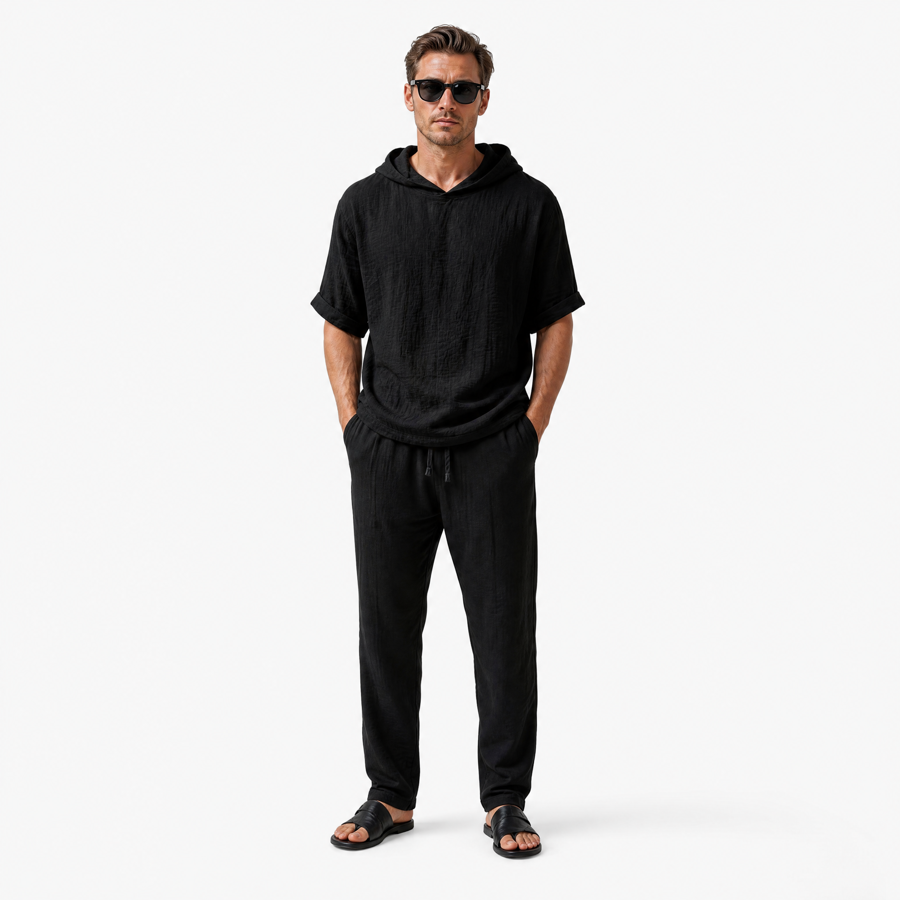 Herren Leinen Hoodie Shirt Schwarz - Lockere Passform Sommer Freizeit Look - Rosesamour