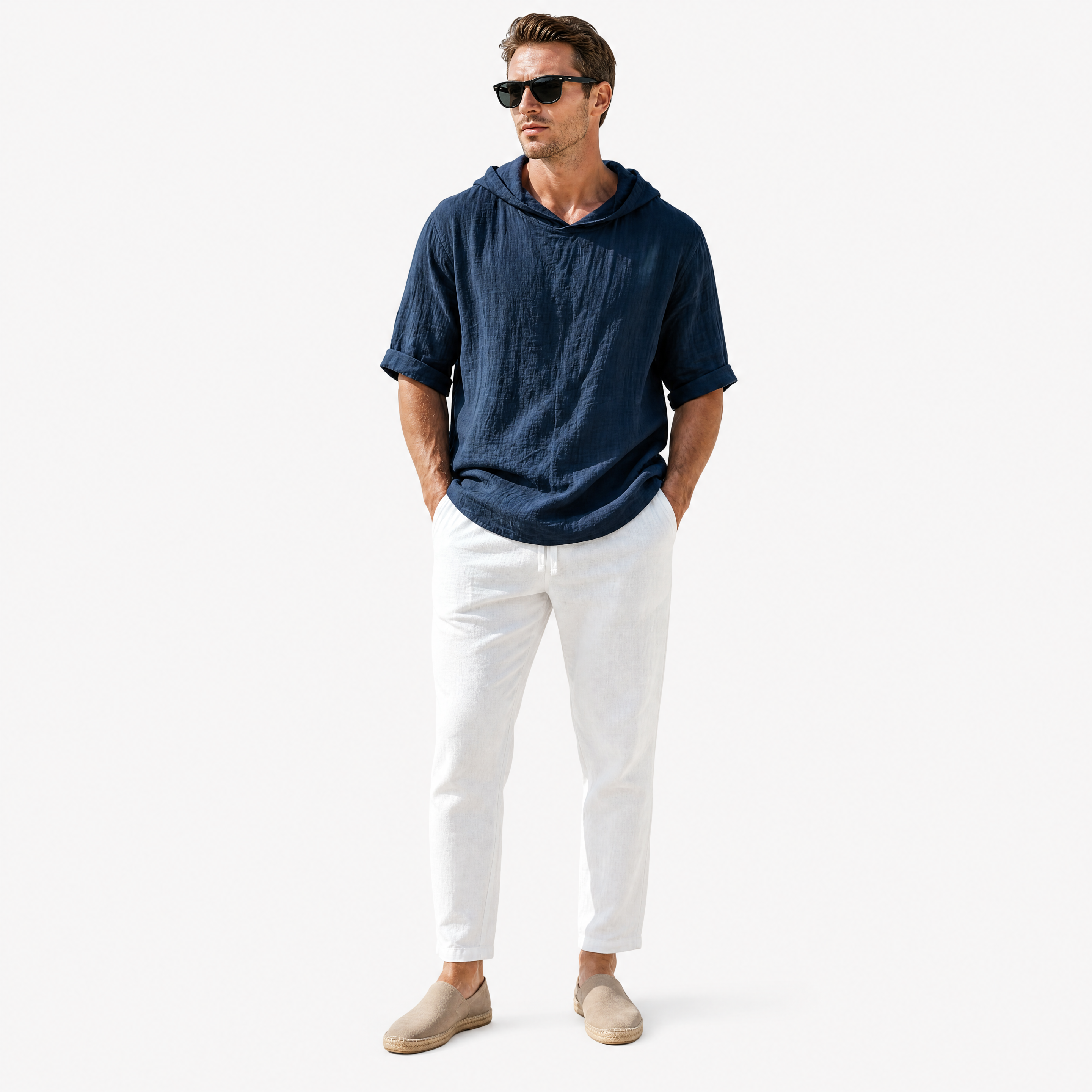 Herren Leinen Hoodie Shirt Marineblau - Lockere Passform Sommer Freizeit Look - Rosesamour