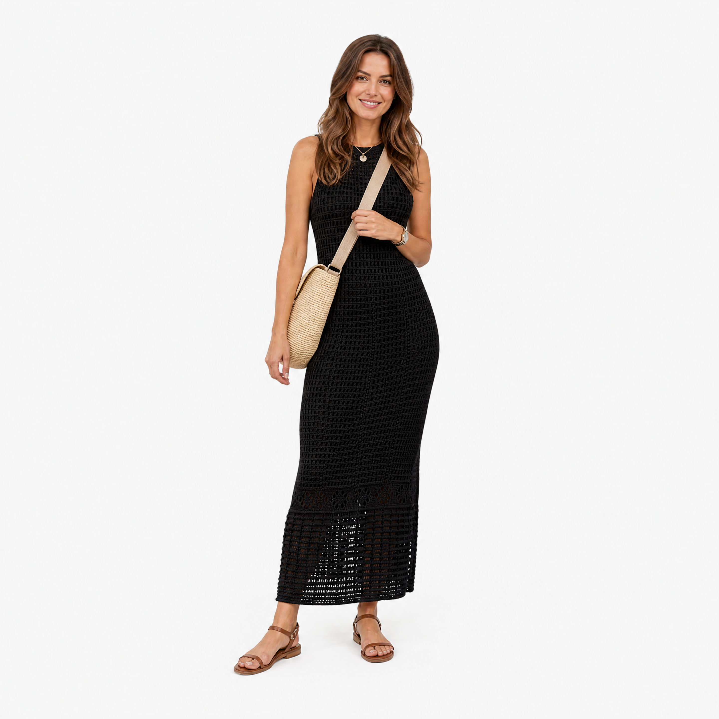Damen Sommer Häkel Maxikleid Schwarz - Fließende Passform Boho Look - Rosesamour