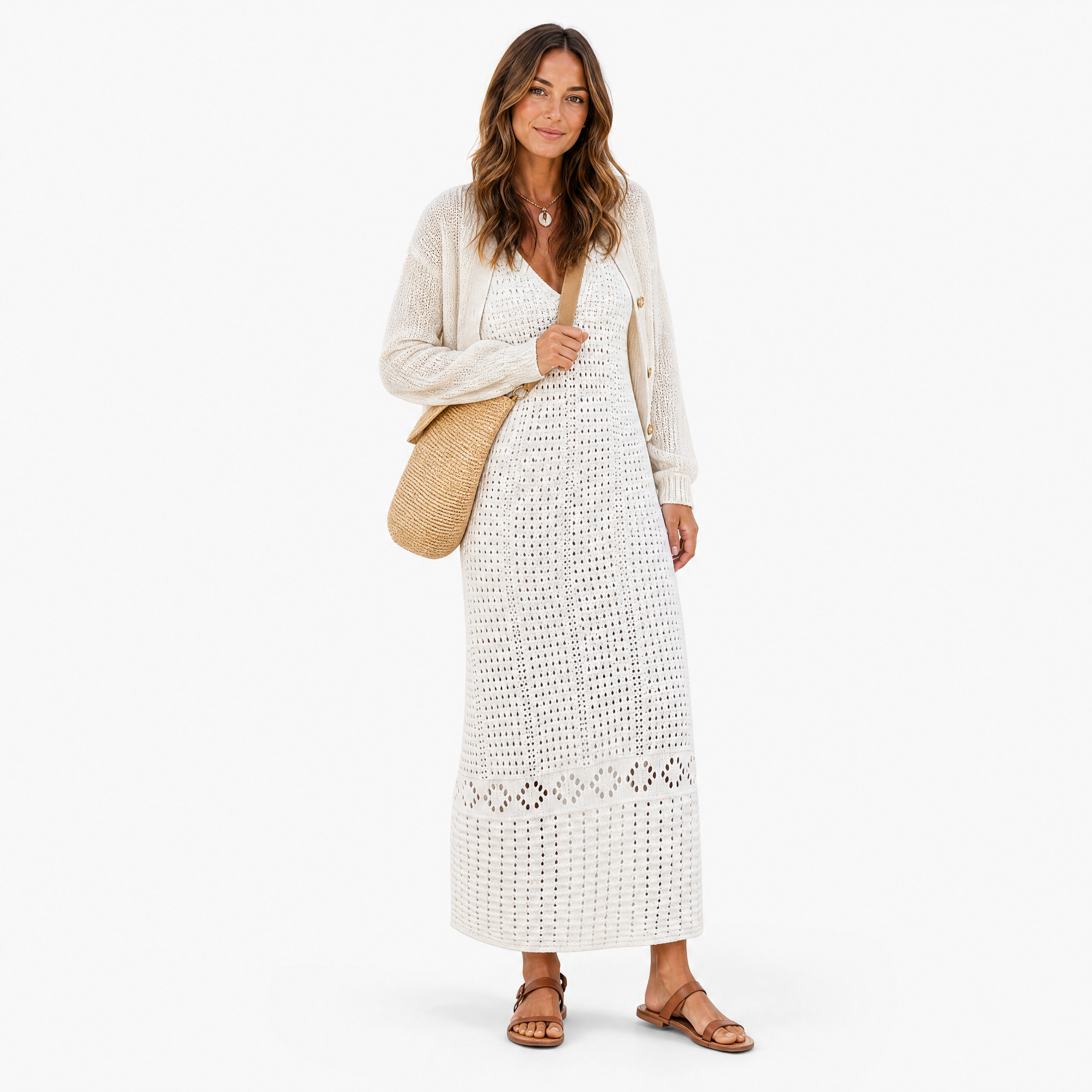 Damen Sommer Häkel Maxikleid Weiß - Fließende Passform Boho Look - Rosesamour