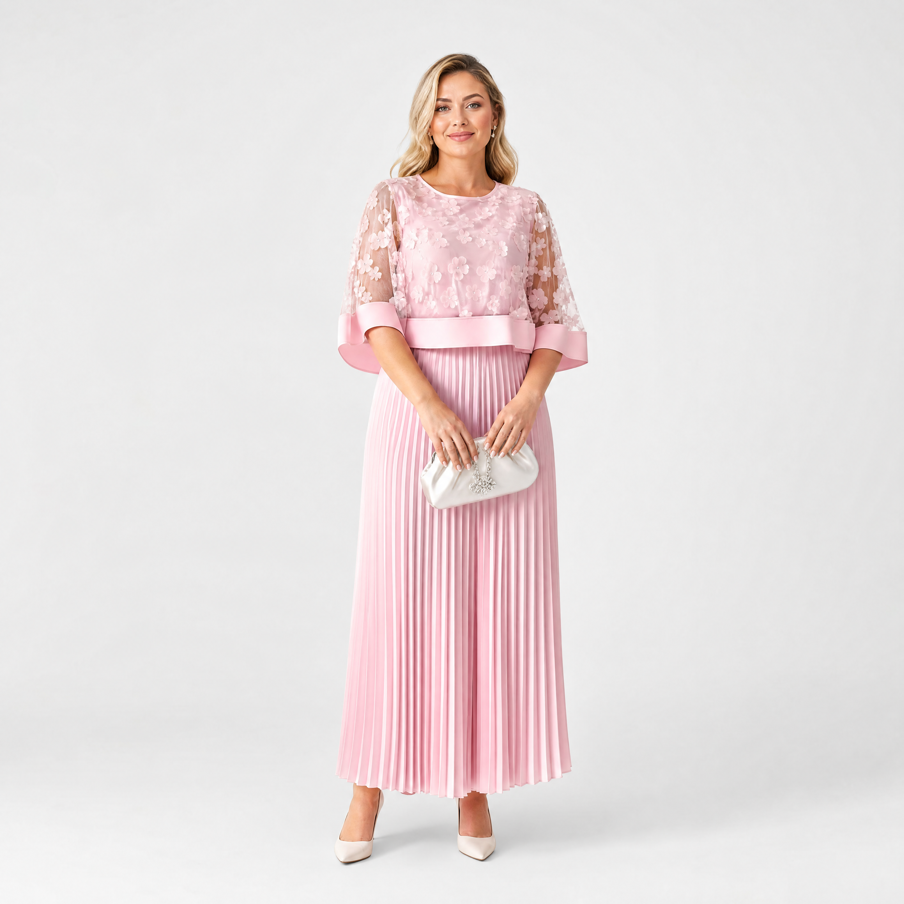 Damen Elegant Plissee Maxikleid Rosa - Fließende Passform Femininer Look - Rosesamour