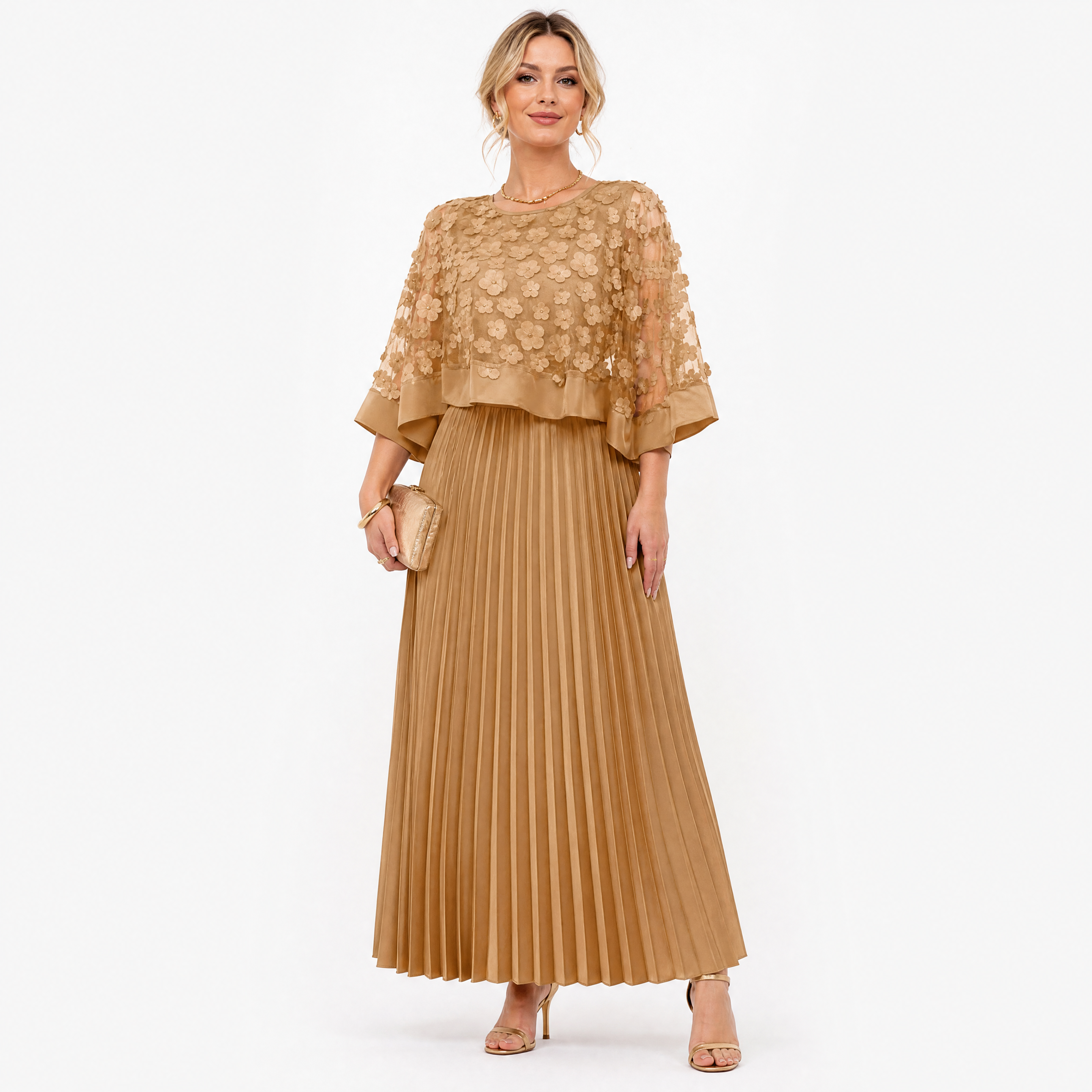 Damen Elegant Plissee Maxikleid Khaki - Fließende Passform Femininer Look - Rosesamour