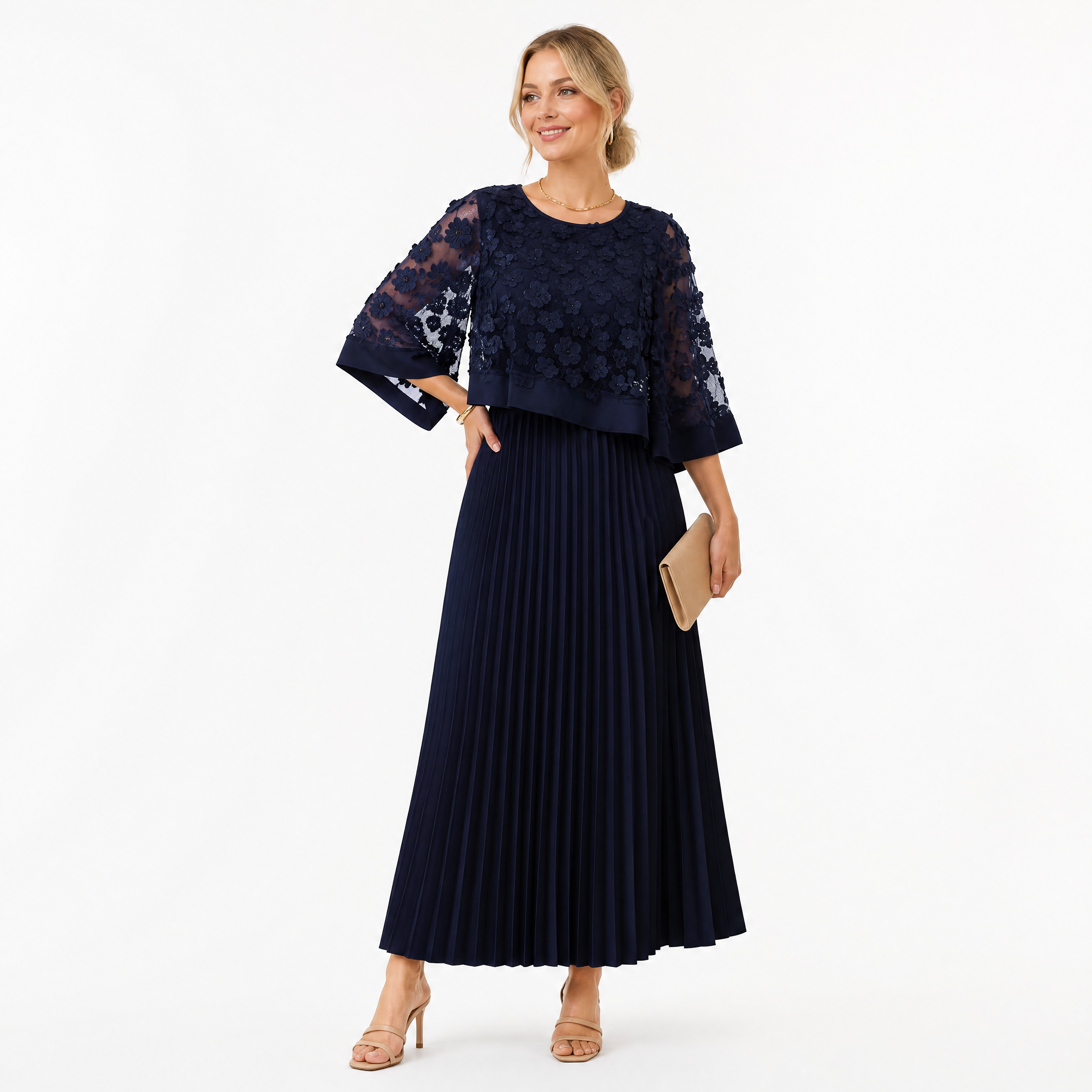 Damen Elegant Plissee Maxikleid Marineblau - Fließende Passform Femininer Look - Rosesamour