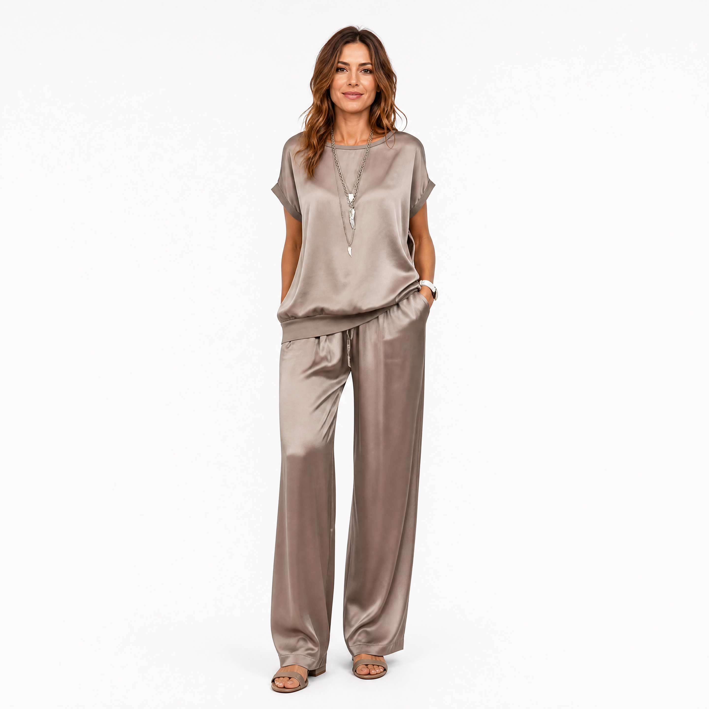 Damen Satin Bluse Hose Set Braun - Lockere Passform Eleganter Freizeit Look - Rosesamour