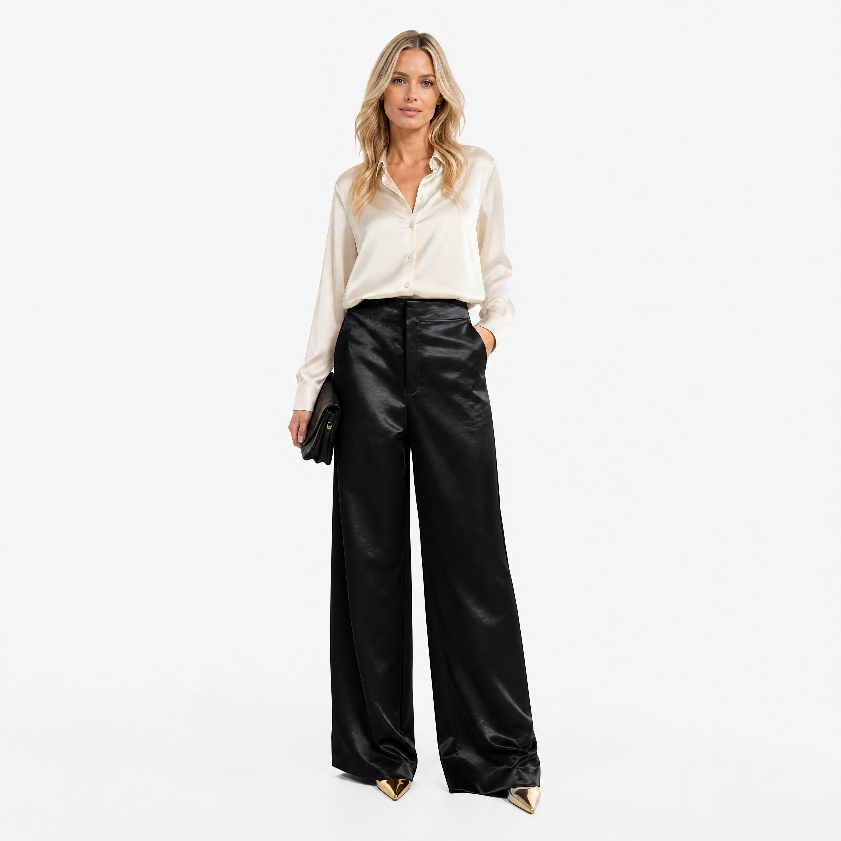 Damen Satin Hose Schwarz Weit - Lockere Passform Eleganter Freizeit Look - Rosesamour