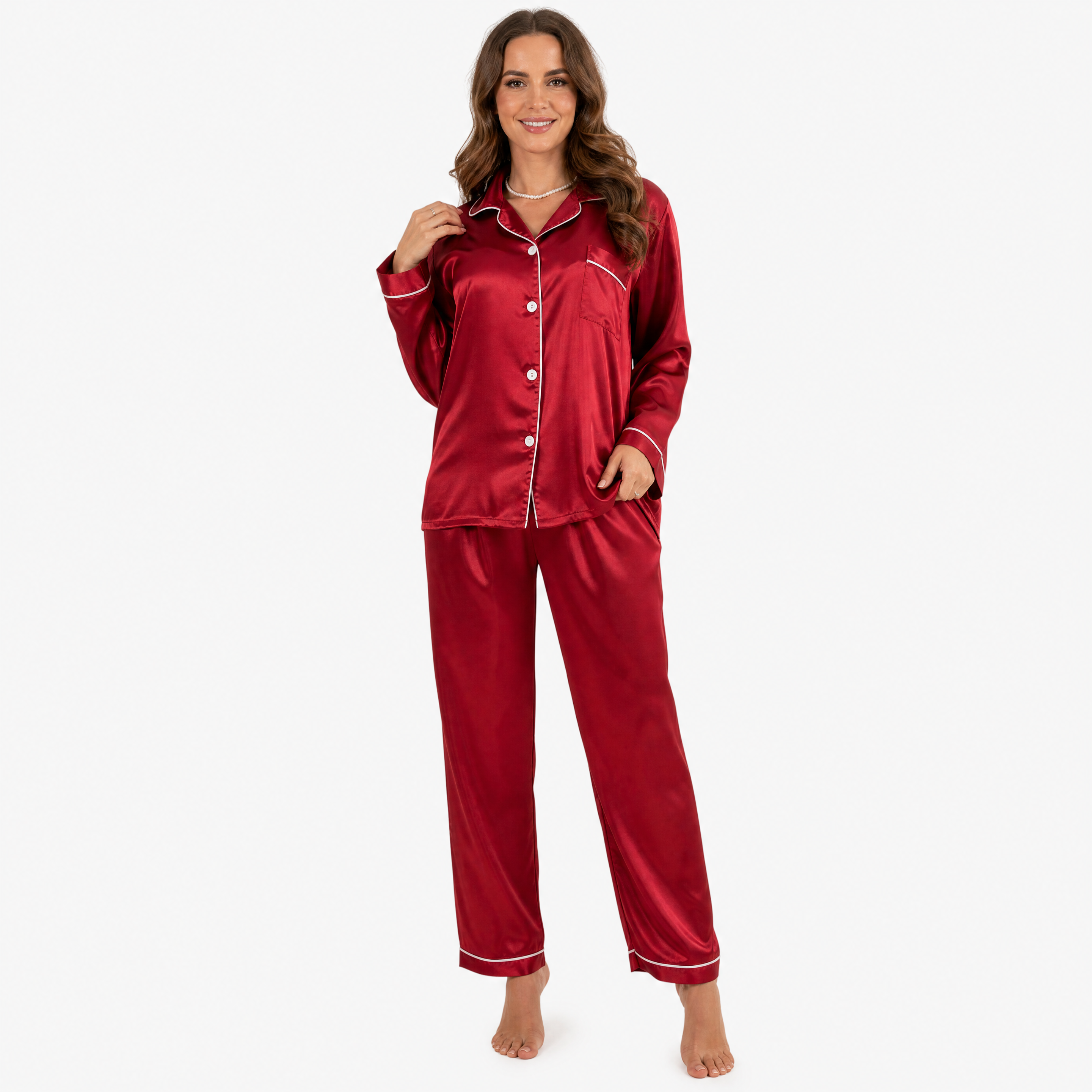 Damen Satin Pyjama Set Rot - Lockere Passform Eleganter Freizeit Look - Rosesamour