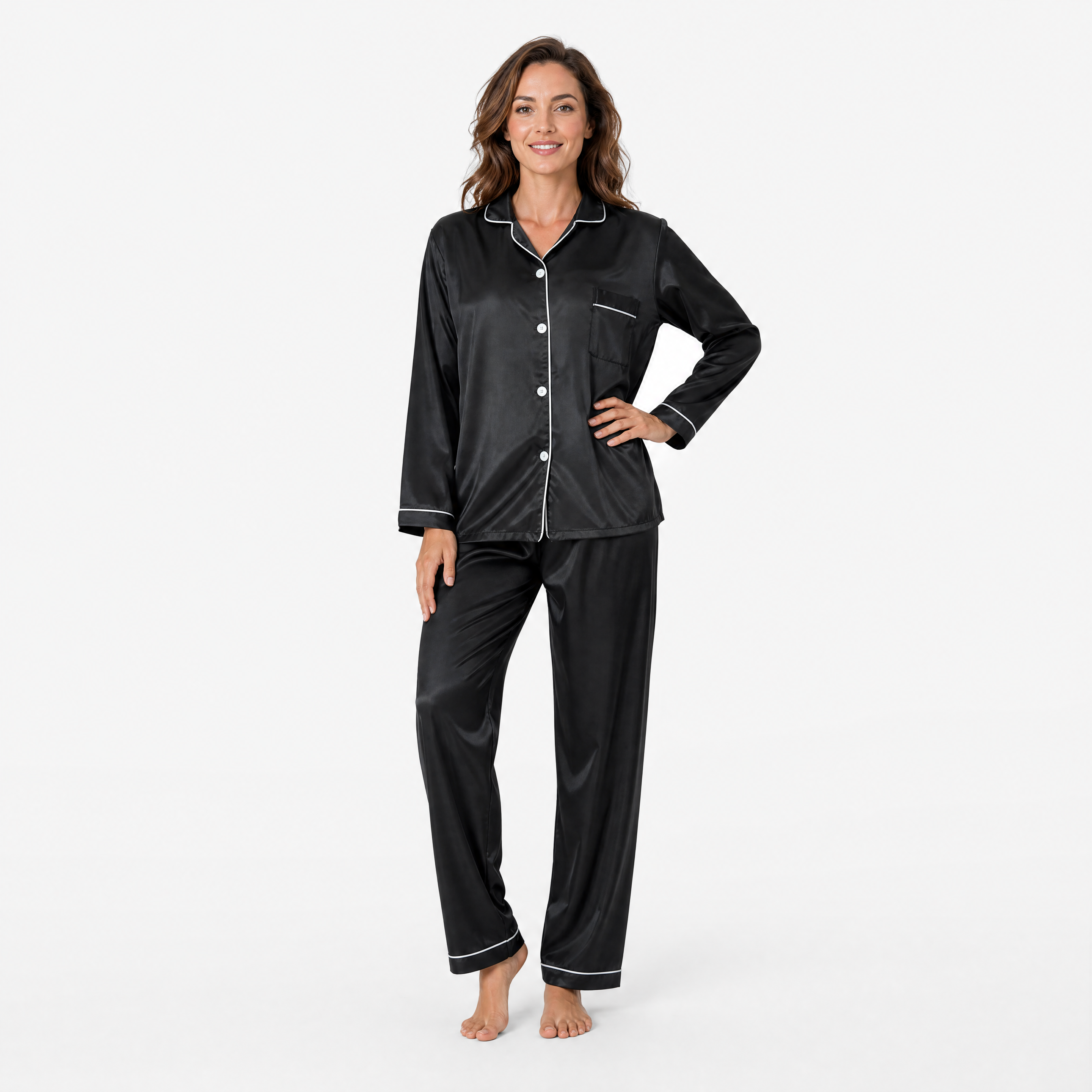 Damen Satin Pyjama Set Schwarz - Lockere Passform Eleganter Freizeit Look - Rosesamour