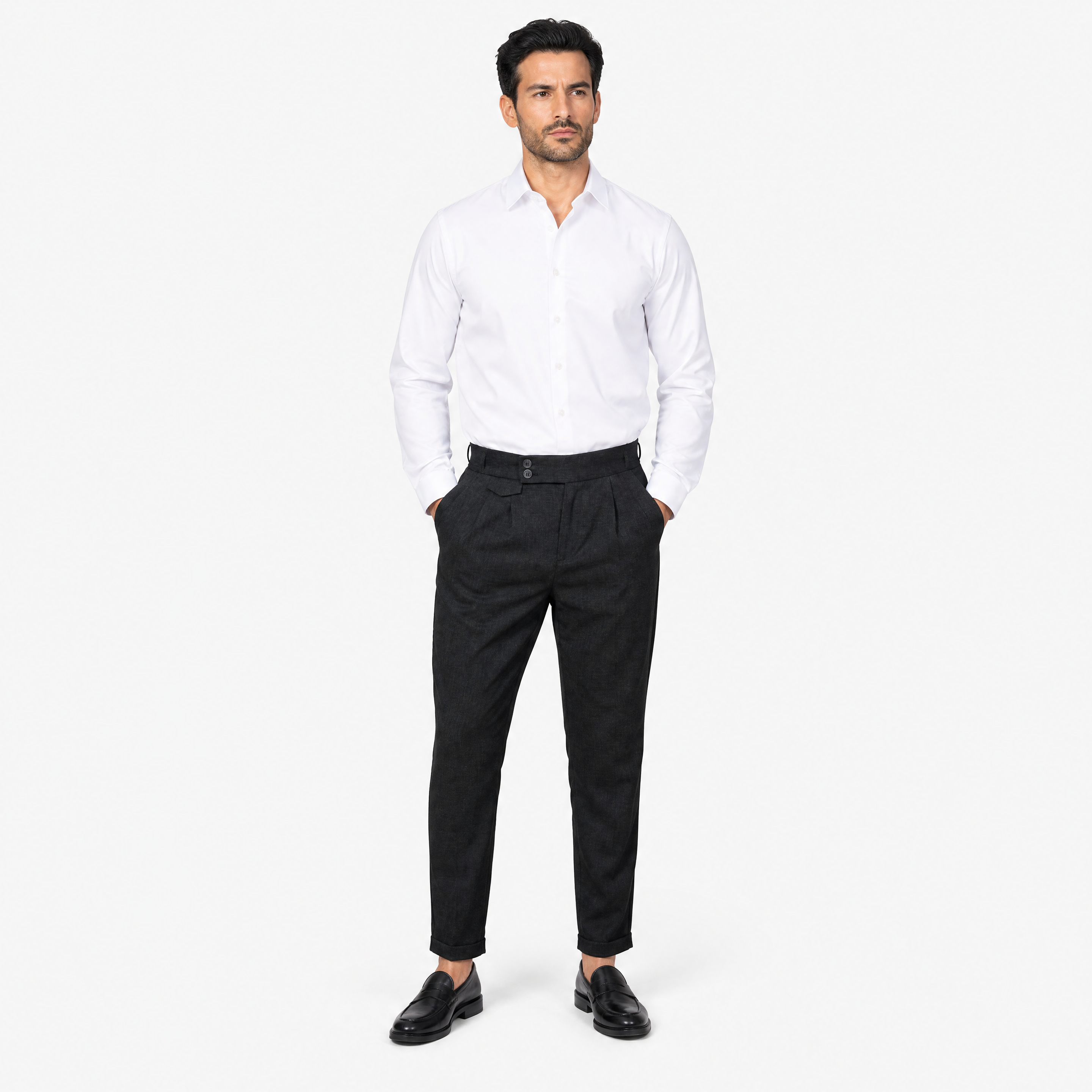 Herren Bundfaltenhose Schwarz Strukturiert - Schmale Passform Eleganter Look - Rosesamour