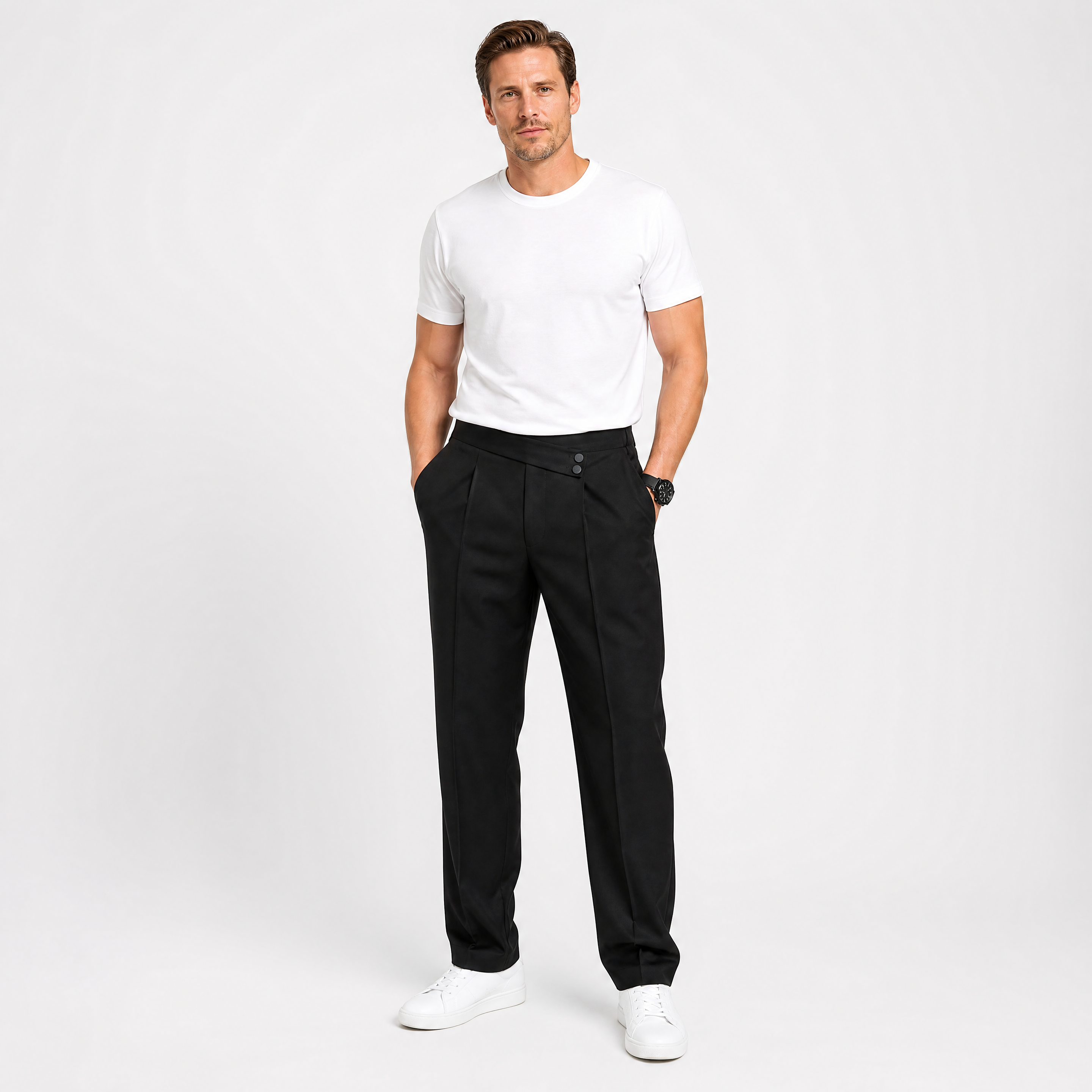 Herren Bundfaltenhose Schwarz Glatt - Lockere Passform Eleganter Look - Rosesamour