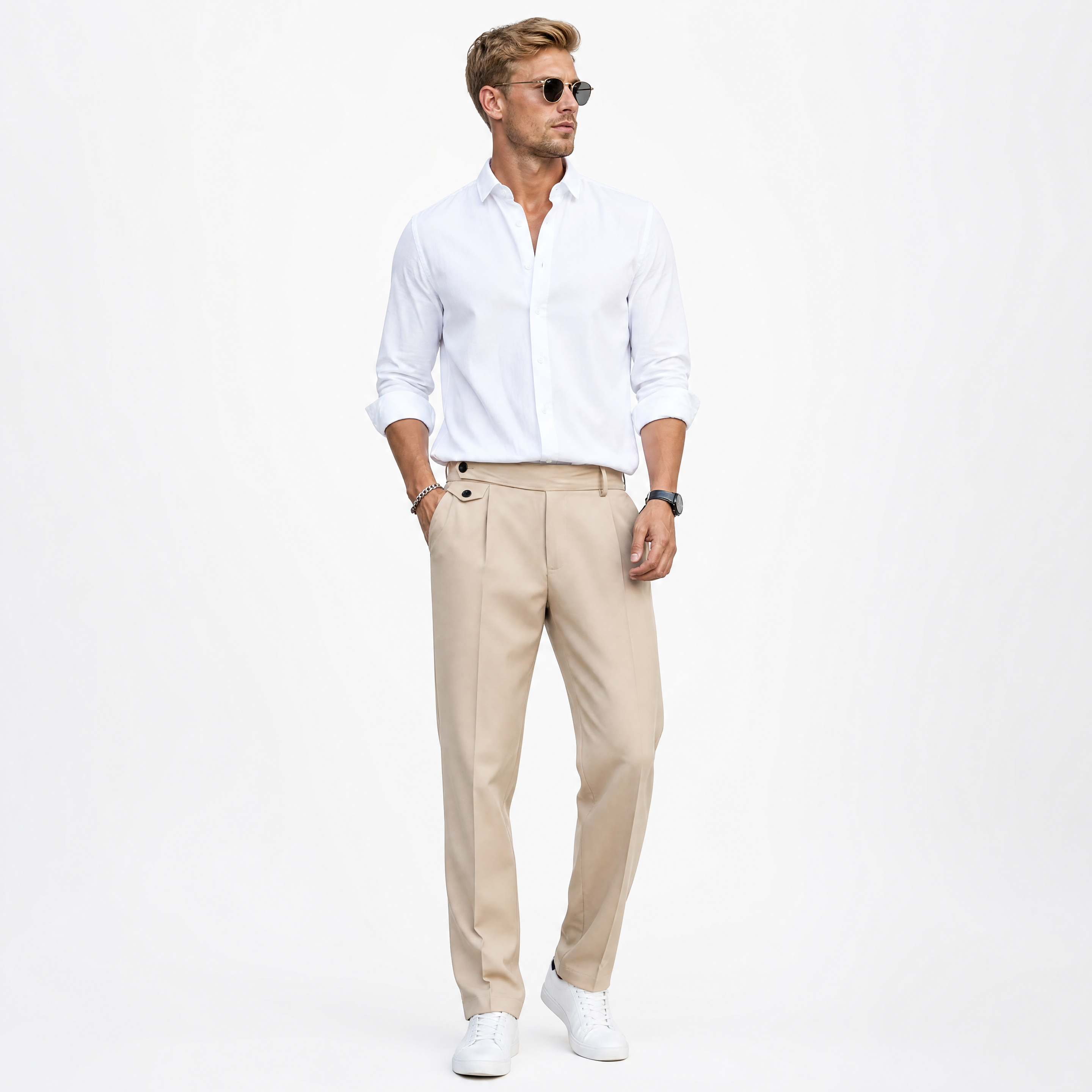 Herren Elegante Bundfaltenhose Creme - Lockere Passform Business Look - Rosesamour