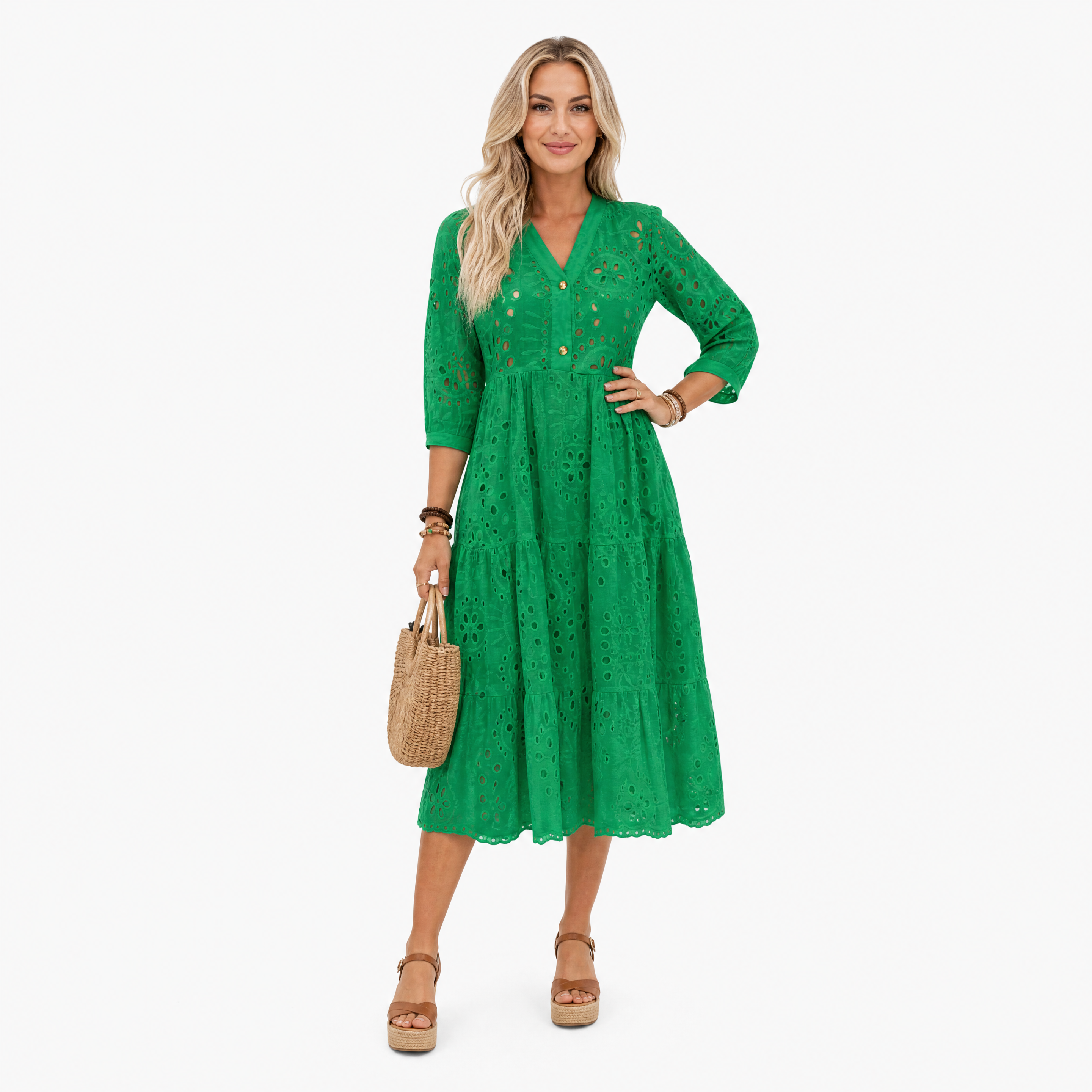 Damen Sommer Lochstickerei Kleid Grün - Luftige Passform Femininer Look - Rosesamour