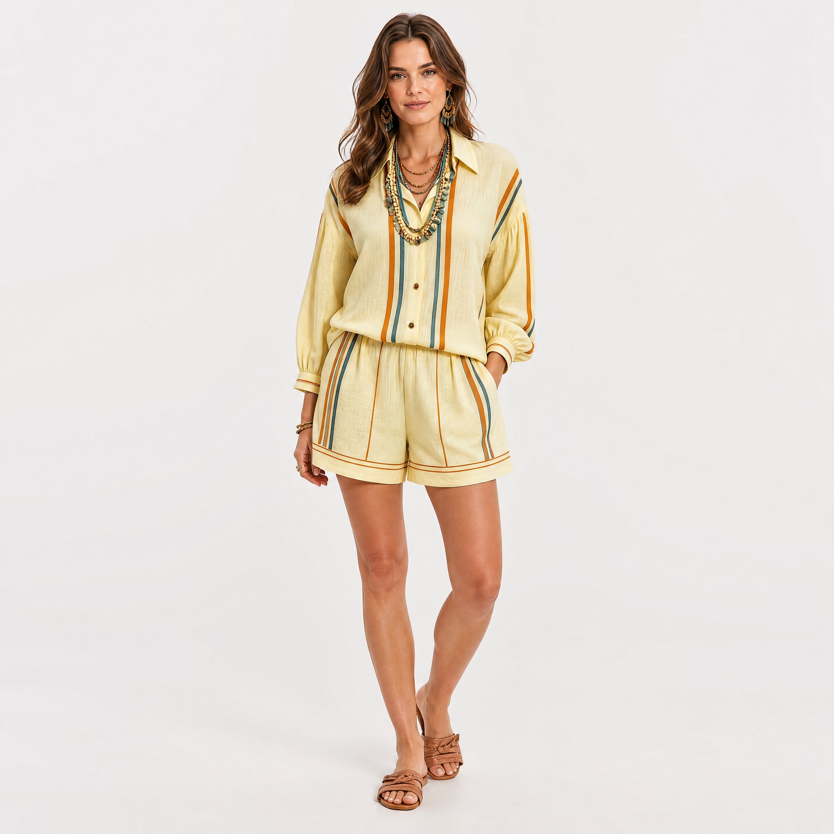 Damen Zweiteiler Gelb Gestreift - Lockere Passform Sommer Freizeit Look - Rosesamour
